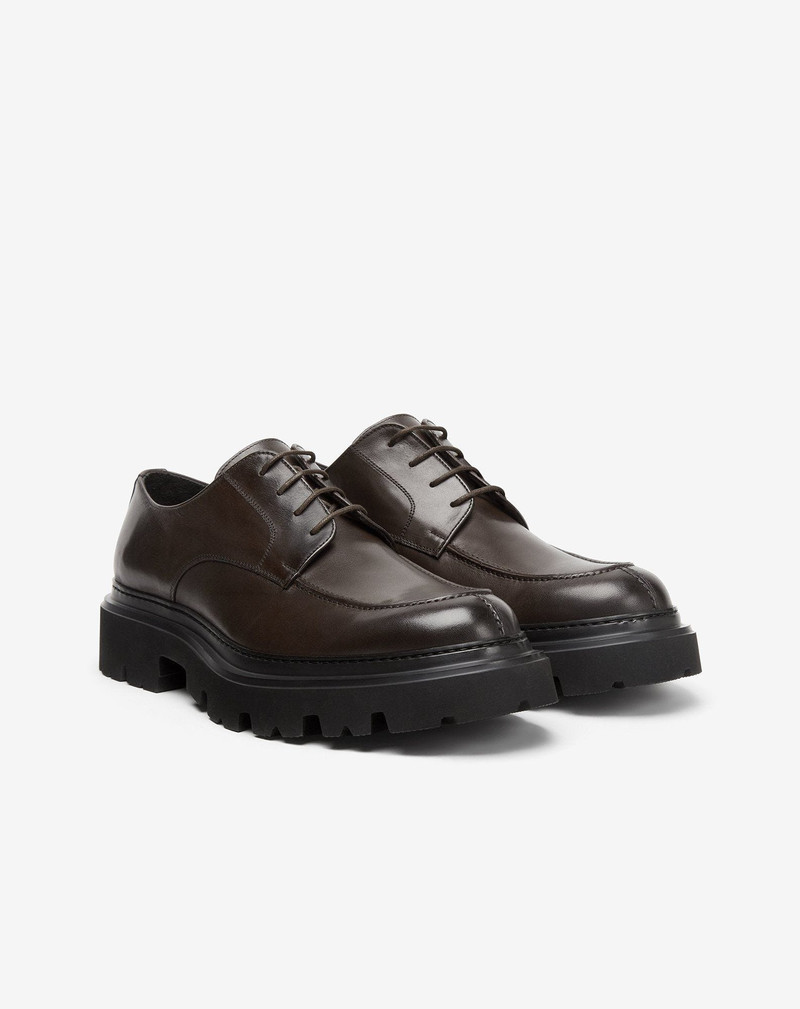 CORNELIANI Dark brown aged calfskin Norwegian-stitched Derby shoes outlook