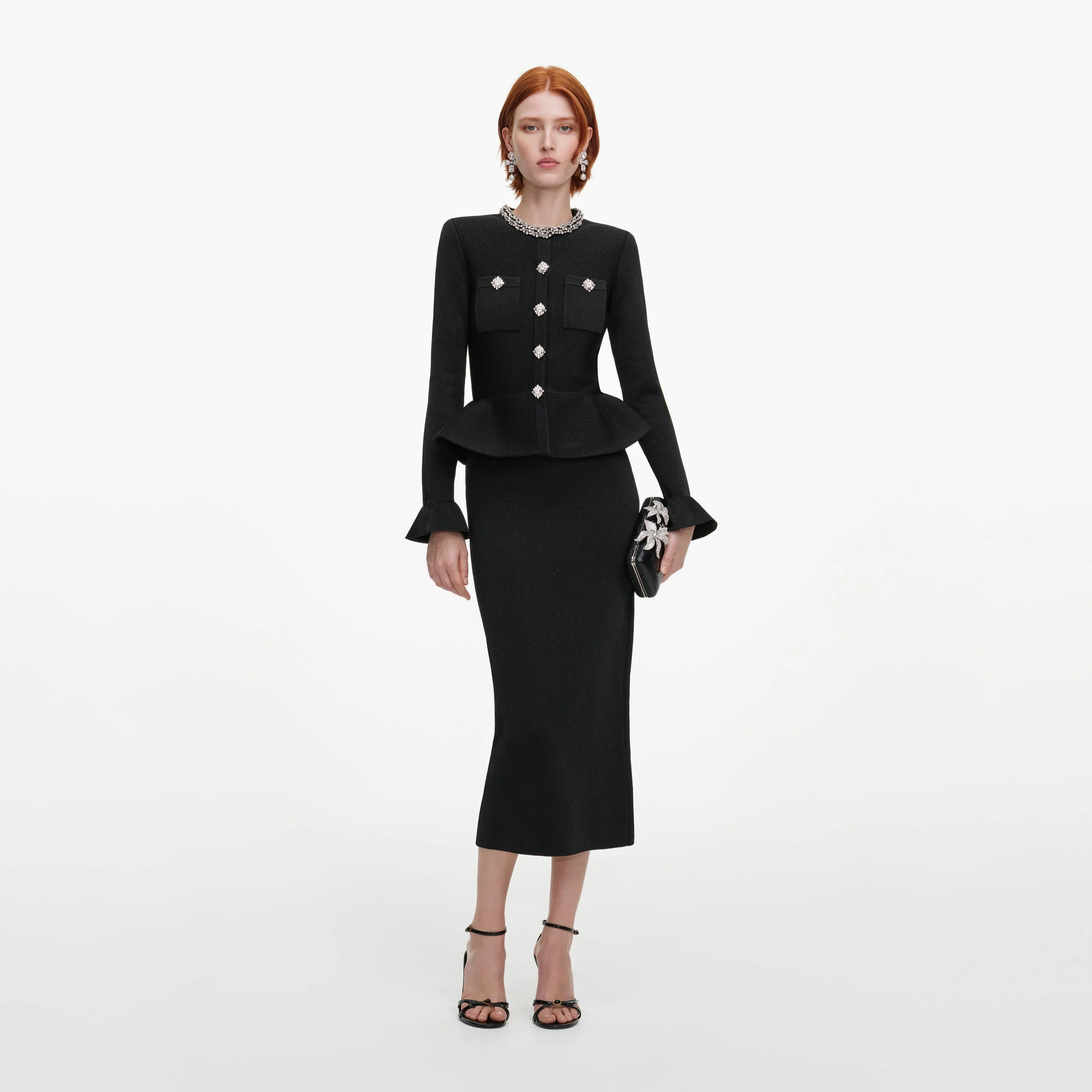 Black Crystal Trim Knit Midi Dress - 1