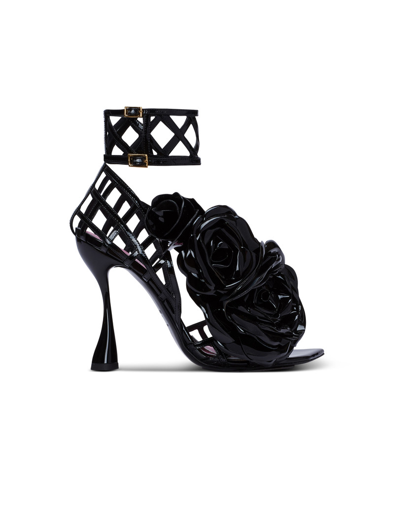 Patent leather Eden sandals with openwork grid and flowers 1