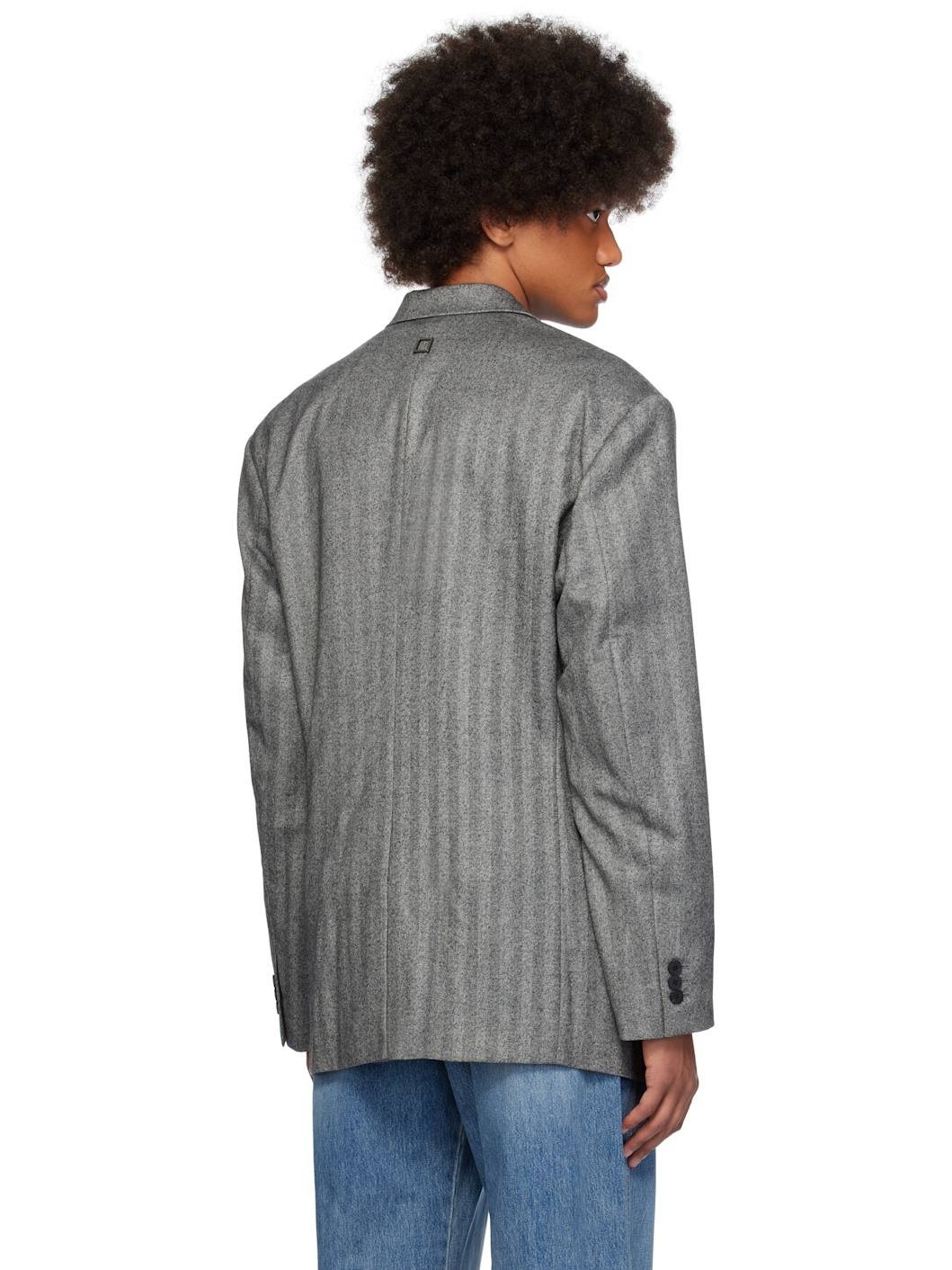 Gray Herringbone Wool Single Blazer - 3