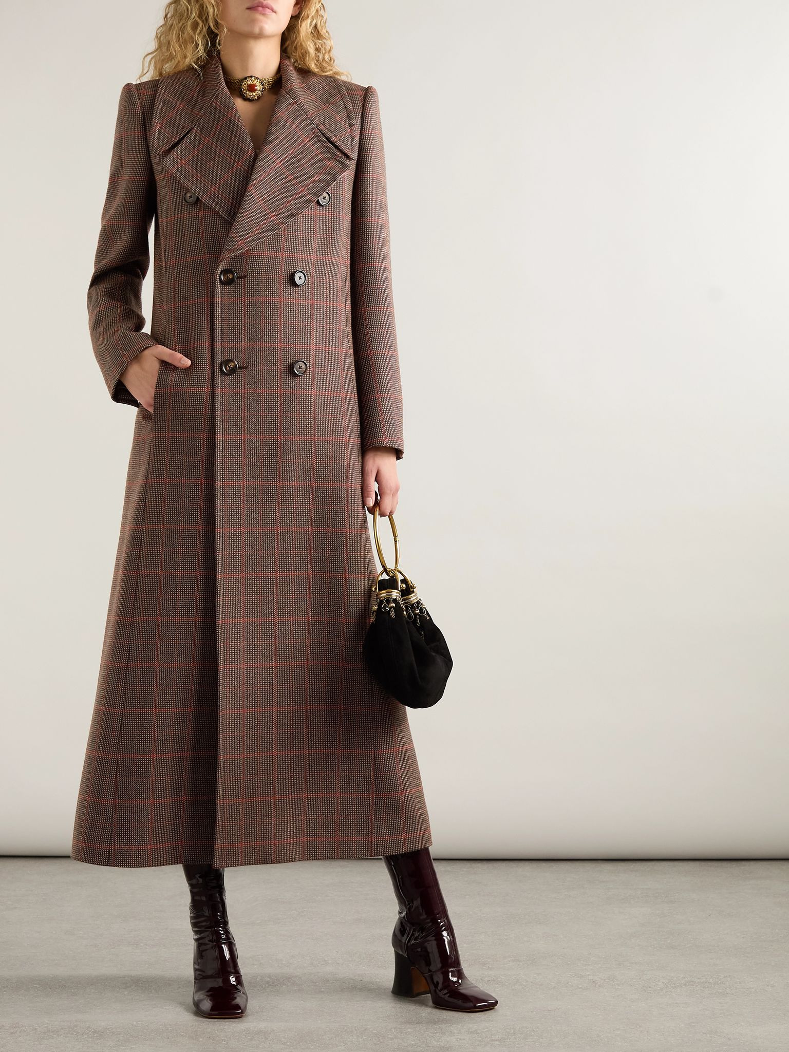 Double-breasted checked wool coat Dark brown - 3