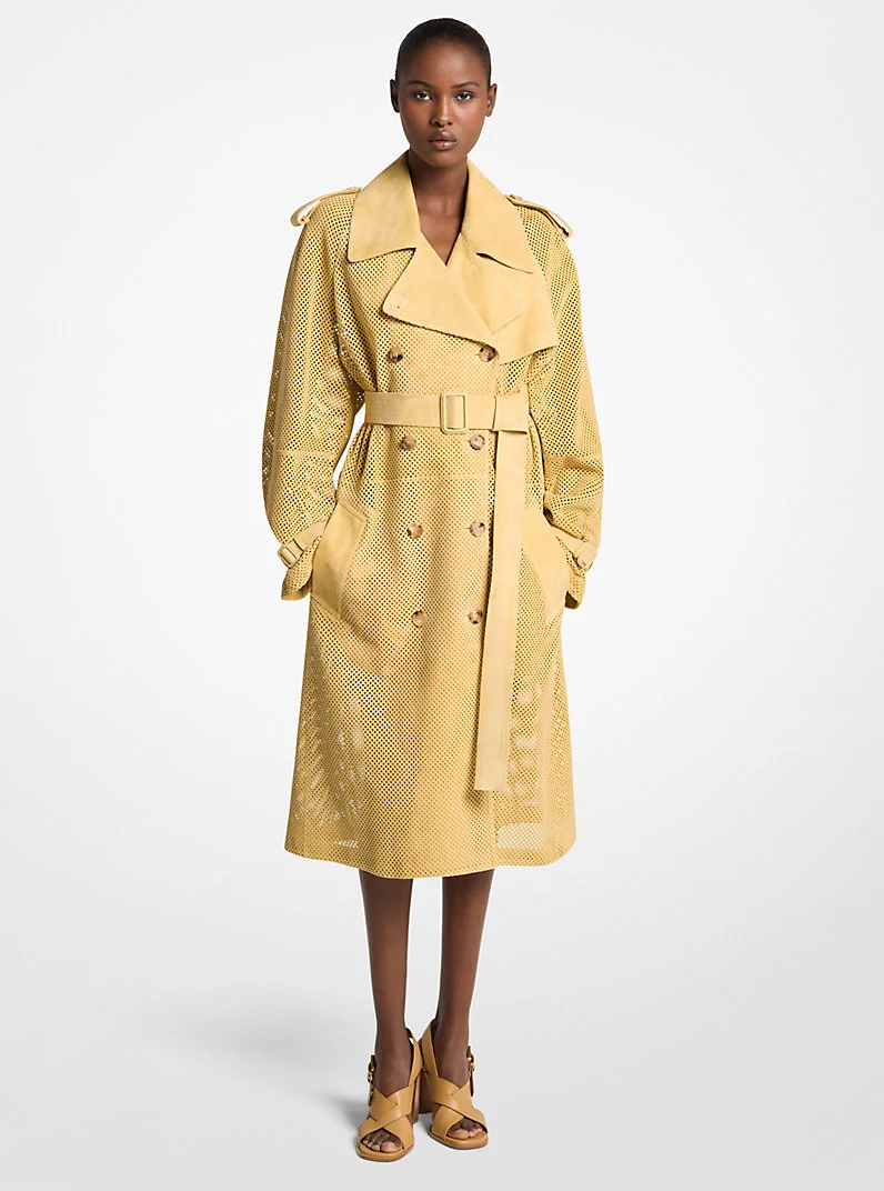 Perforated Suede Trench Coat - 1