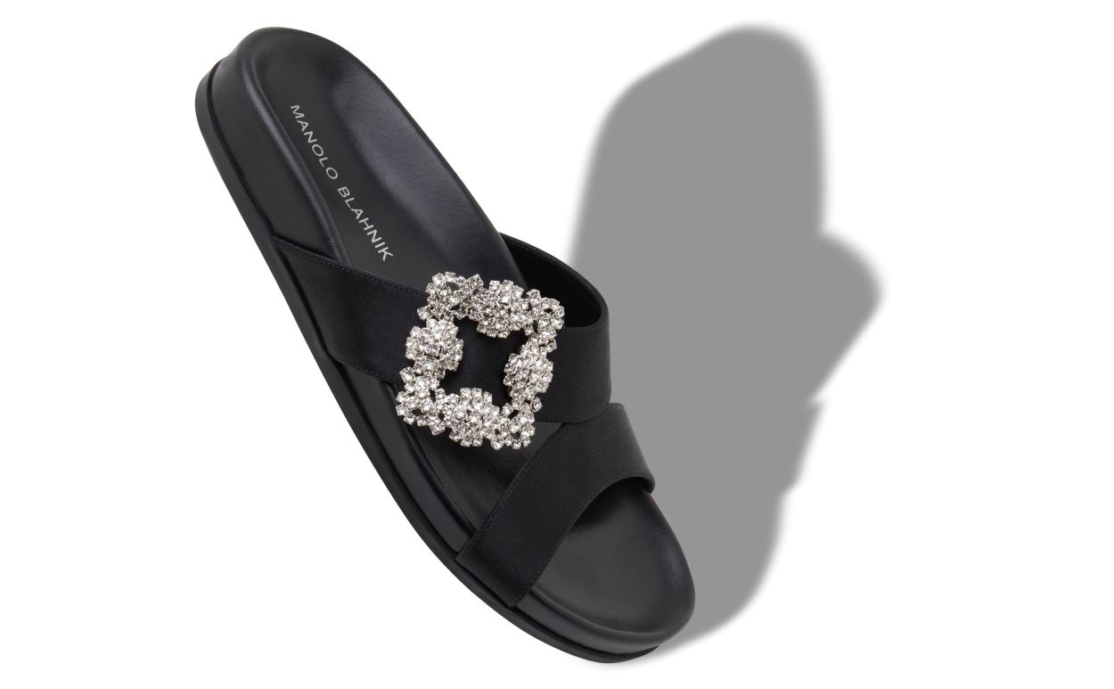 Black Satin Jewel Buckle Flat Mules - 2