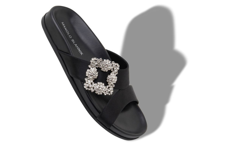 Manolo Blahnik Black Satin Jewel Buckle Flat Mules outlook