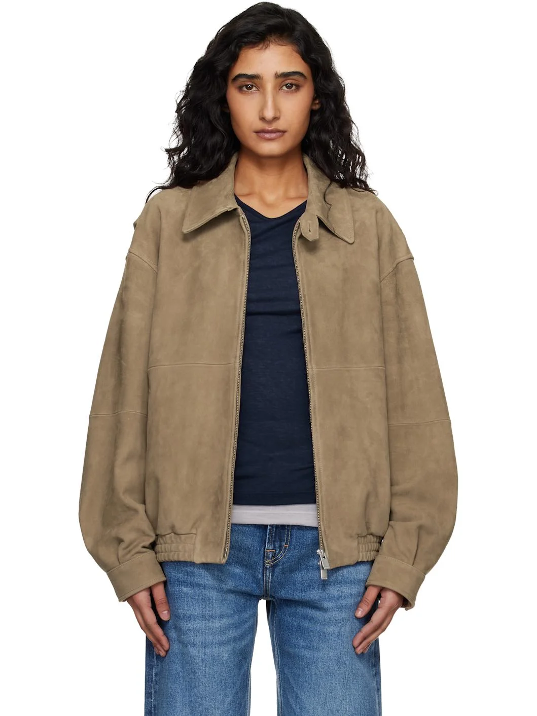 Tan Goat Suede Relaxed Bomber Jacket - 1