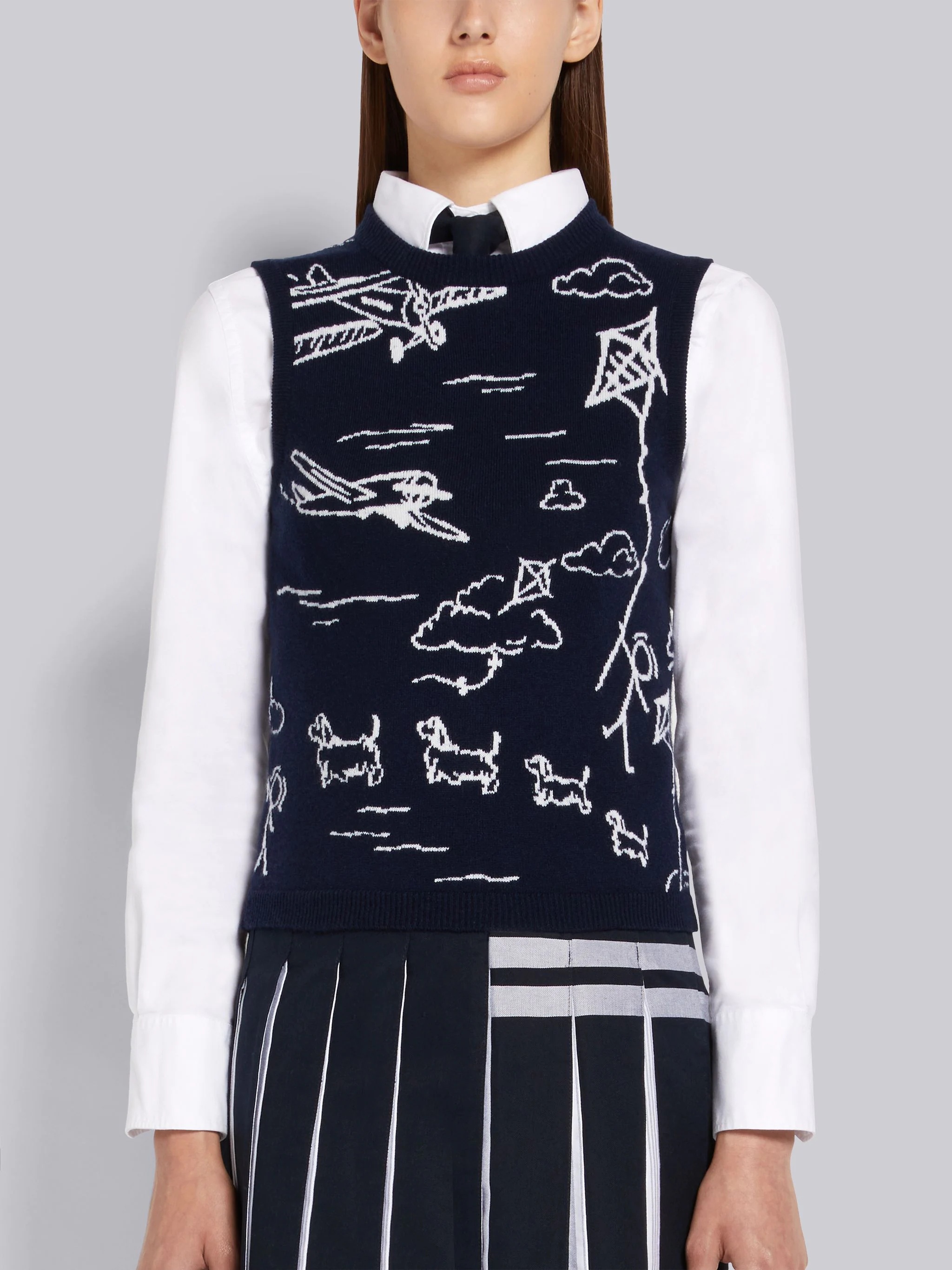 Navy Sky Toile Intarsia Cashmere Silk Lined Shell Top - 1