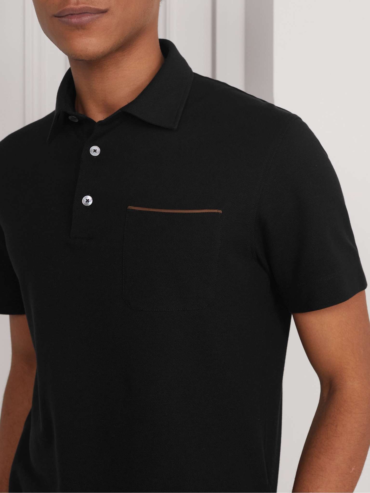 Leather-Trimmed Cotton-Piqué Polo Shirt - 10
