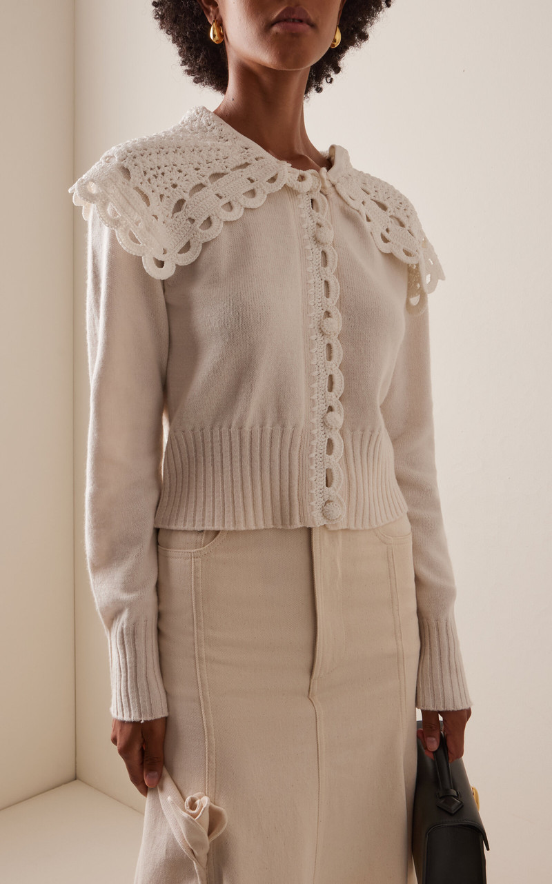Erdem Lace-Collared Wool-Blend Cardigan ivory outlook