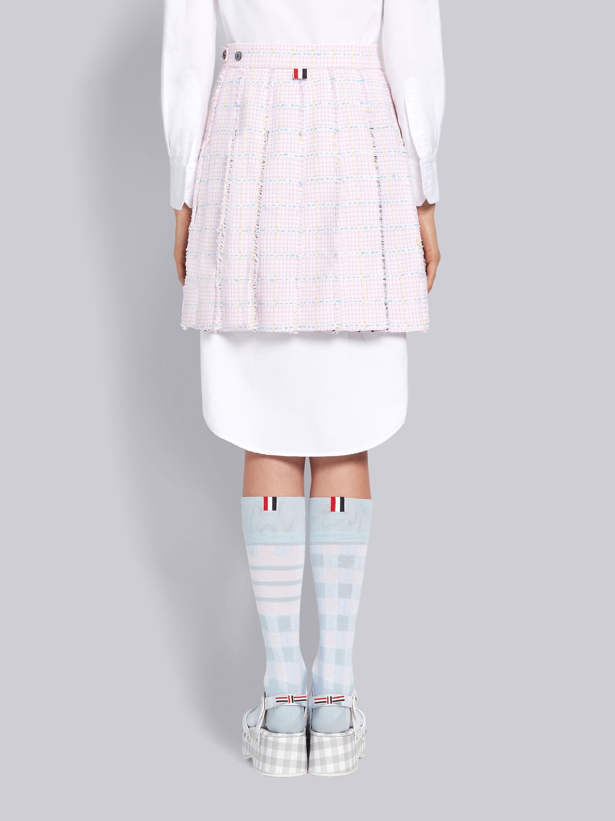 Pink Cotton Windowpane University Check Tweed Dropped Back Mini Pleated Skirt - 3