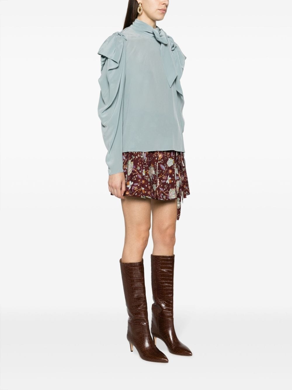 gathered-tie neck silk blouse - 3