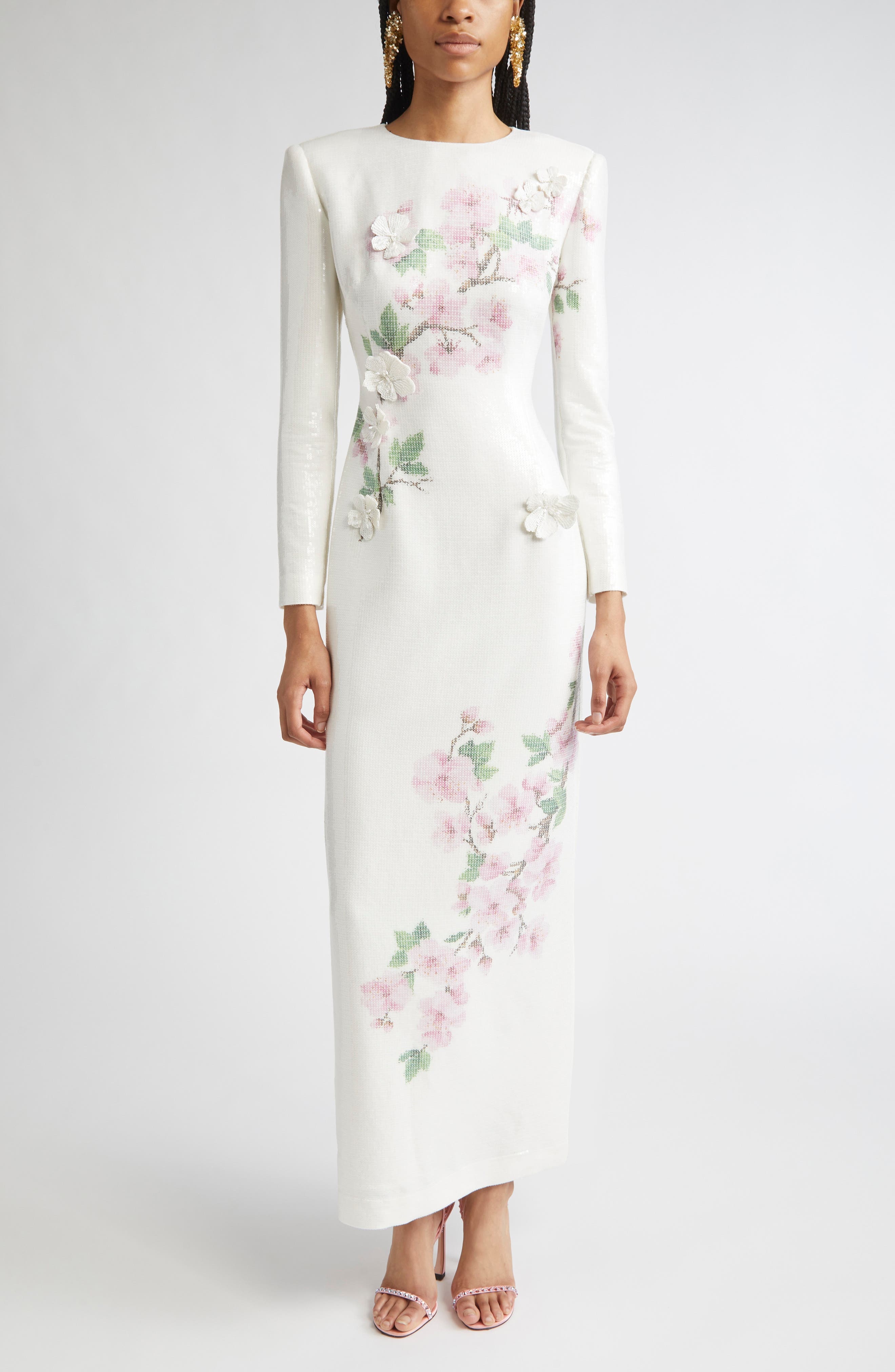 Oscar de la Renta Cherry Blossom Long Sleeve Sequin Jersey Column Gown in Pink/Ivory at Nordstrom - 1