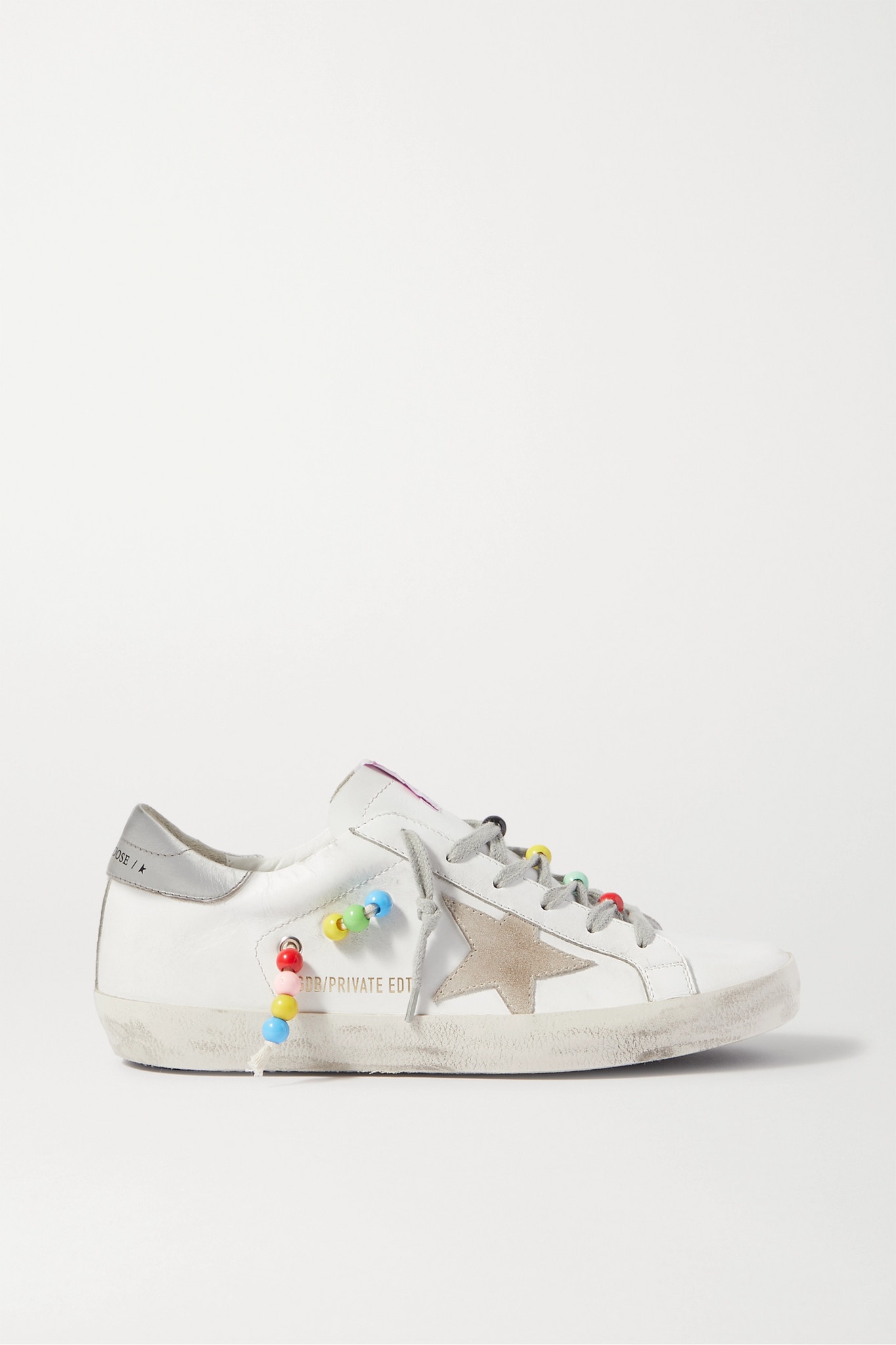 Superstar faux pearl-embellished distressed leather sneakers - 1
