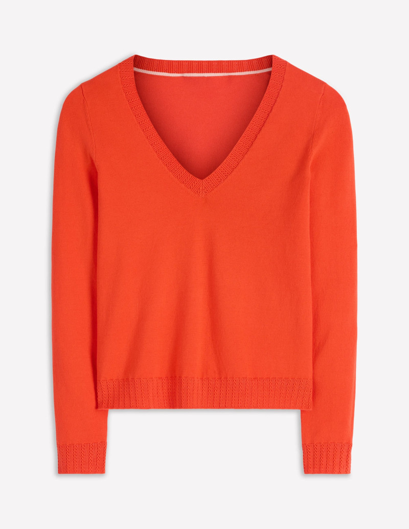 Emilia Cotton V Neck Sweater-Sunset Orange 1