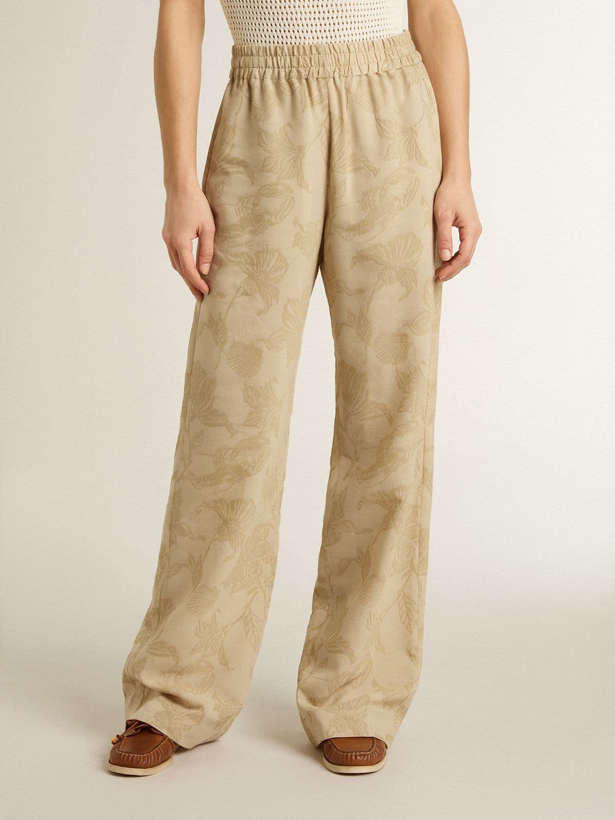 Women's pajama pants in beige jacquard with floral pattern - 2
