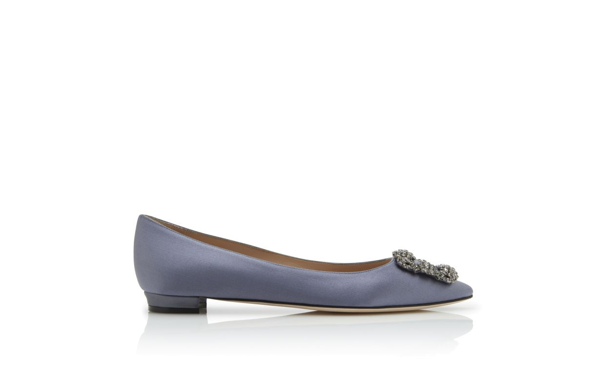 Grey Satin Jewel Buckle Flat Shoes - 1