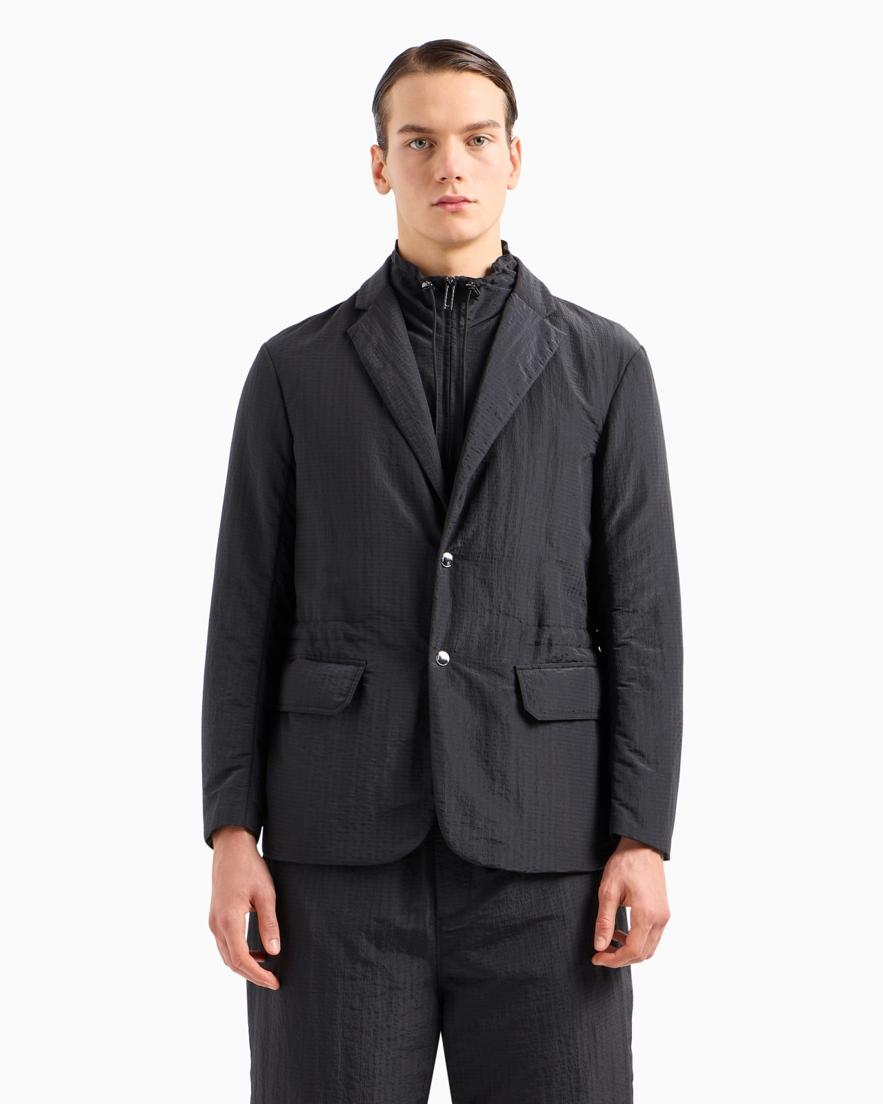 Single-breasted jacket with full-zip detachable inner panel in lightweight nylon seersucker - 2
