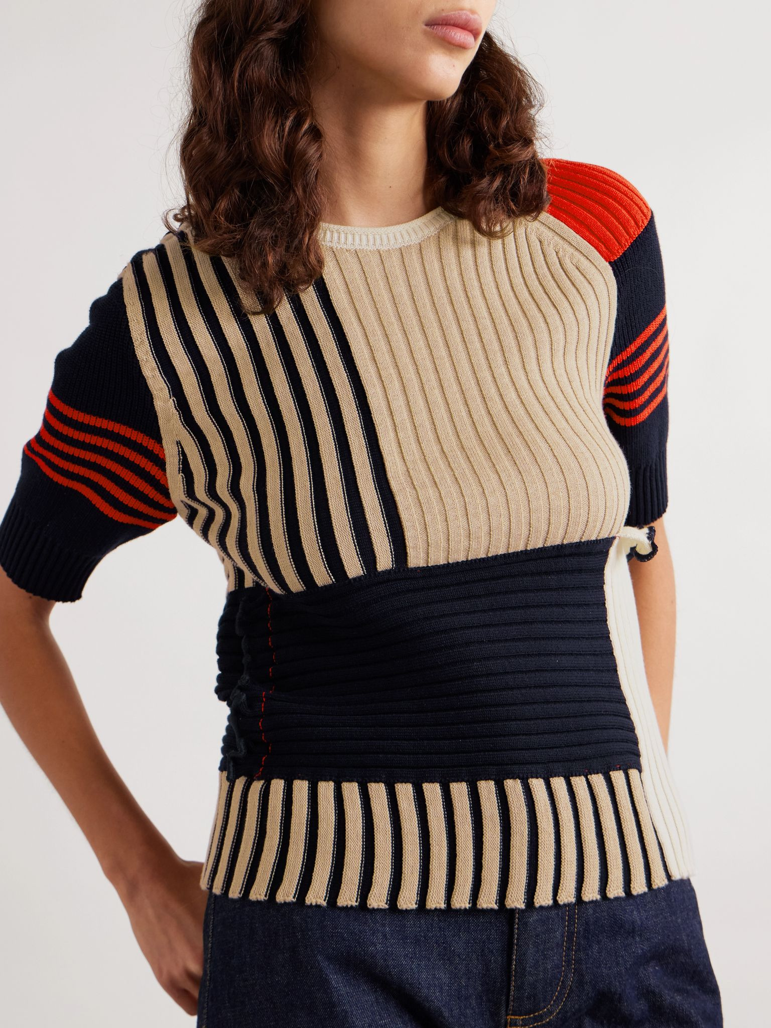 Patchwork ruffled striped ribbed cotton sweater Multi - 3
