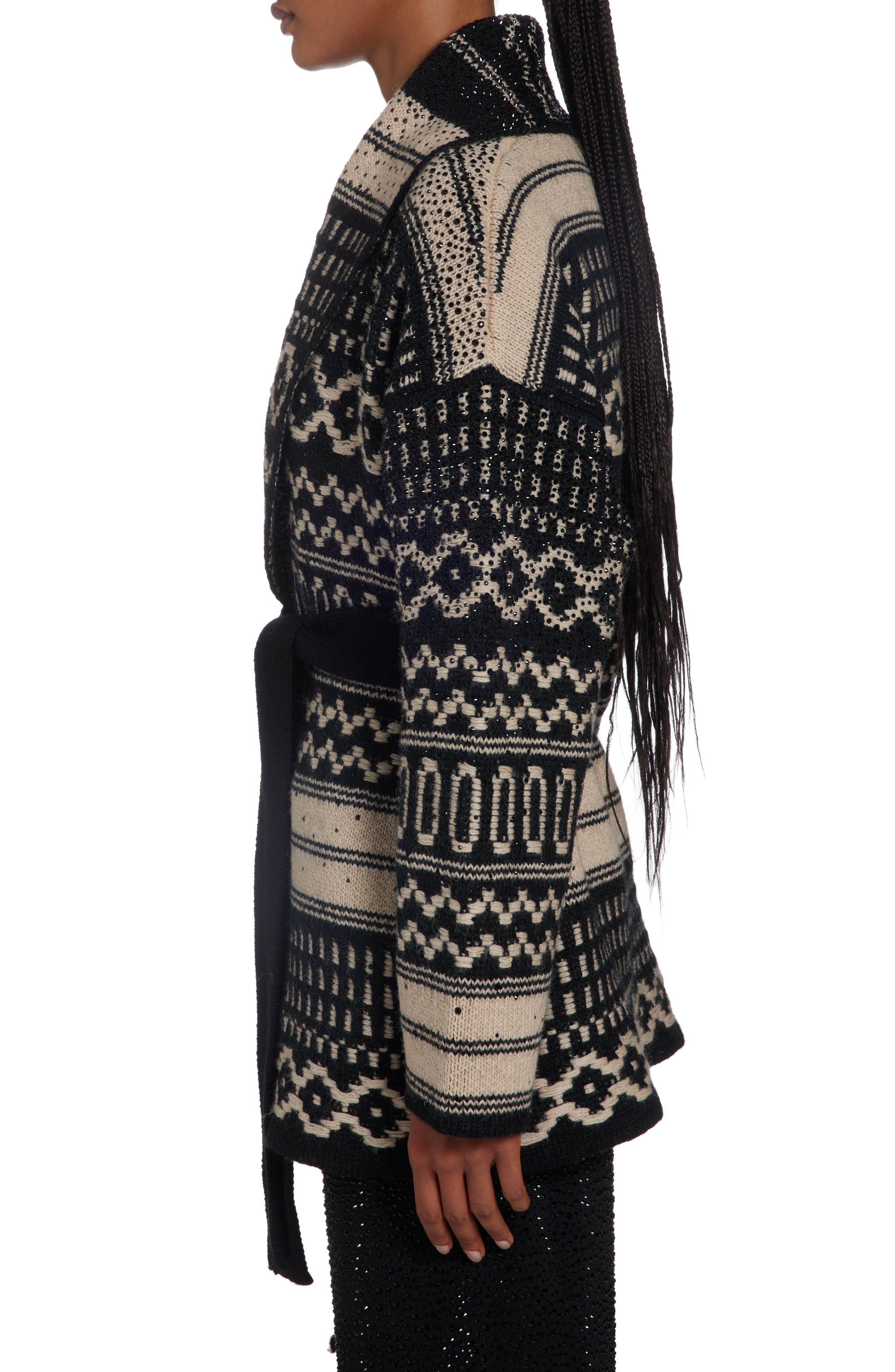 Golden Goose Studded Nordic Jacquard Wool Wrap Cardigan in Black/Ecru at Nordstrom - 4