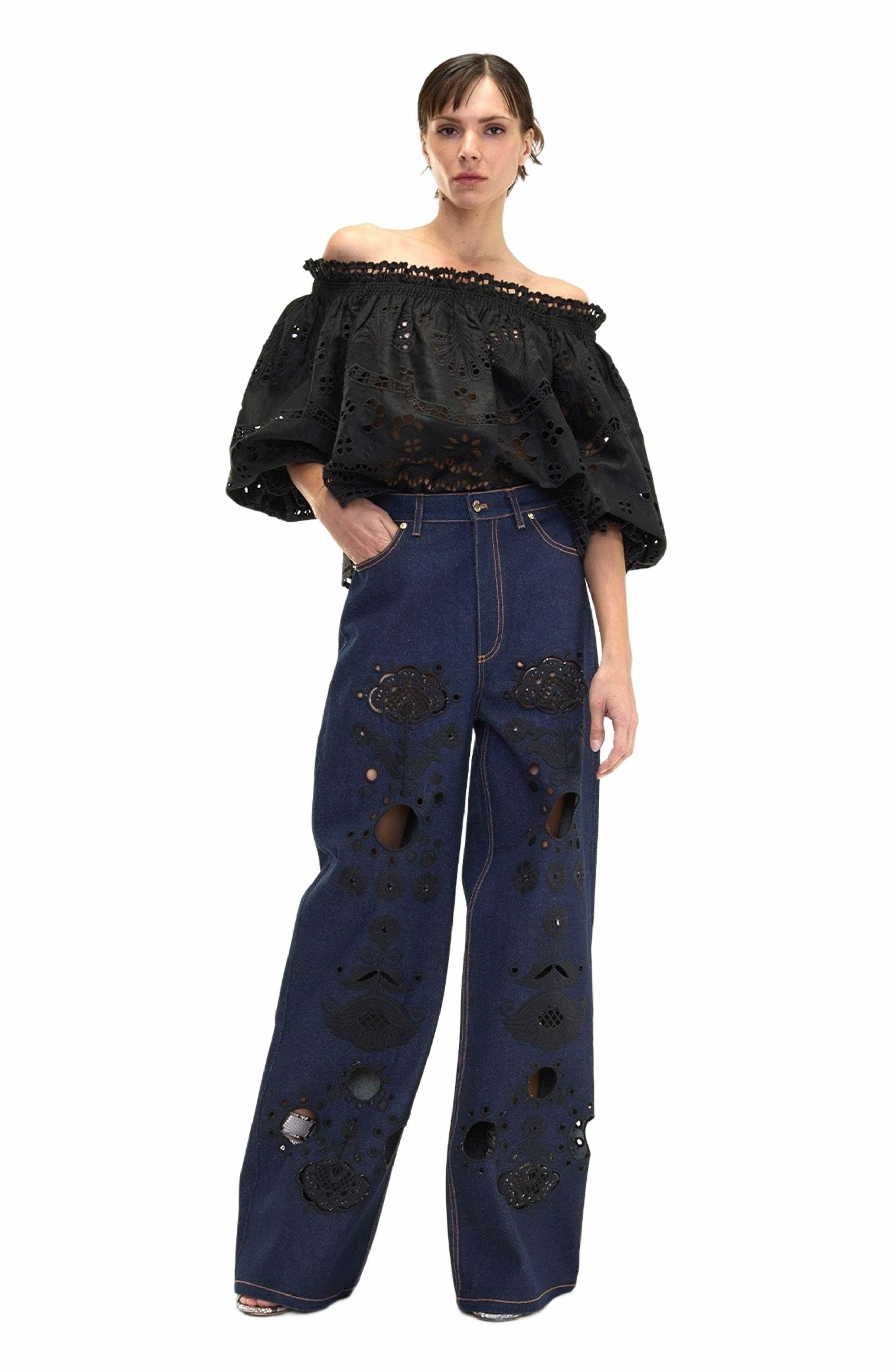 Cynthia Rowley Embroidered Wide-leg Jean in Navy/black at Nordstrom - 4