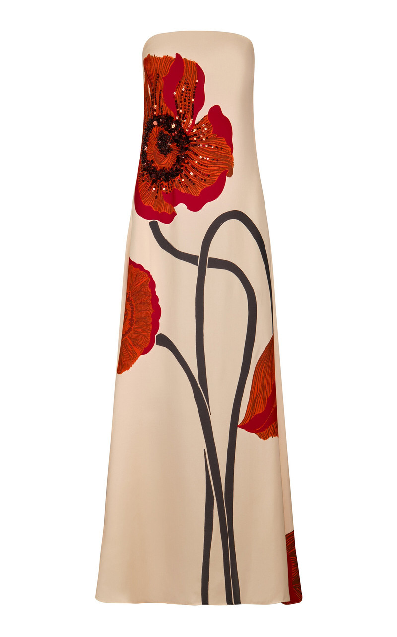 Red Petals Strapless Silk Maxi Dress ivory 1