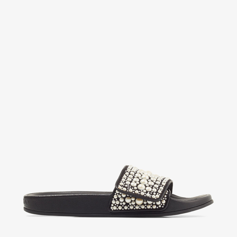 Fitz/F Black Canvas and Leather Slides with Pearls - 1