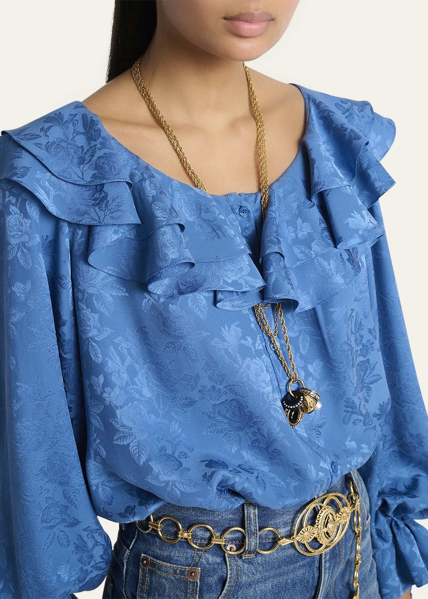 Floral Silk Jacquard Ruffle Top - 5