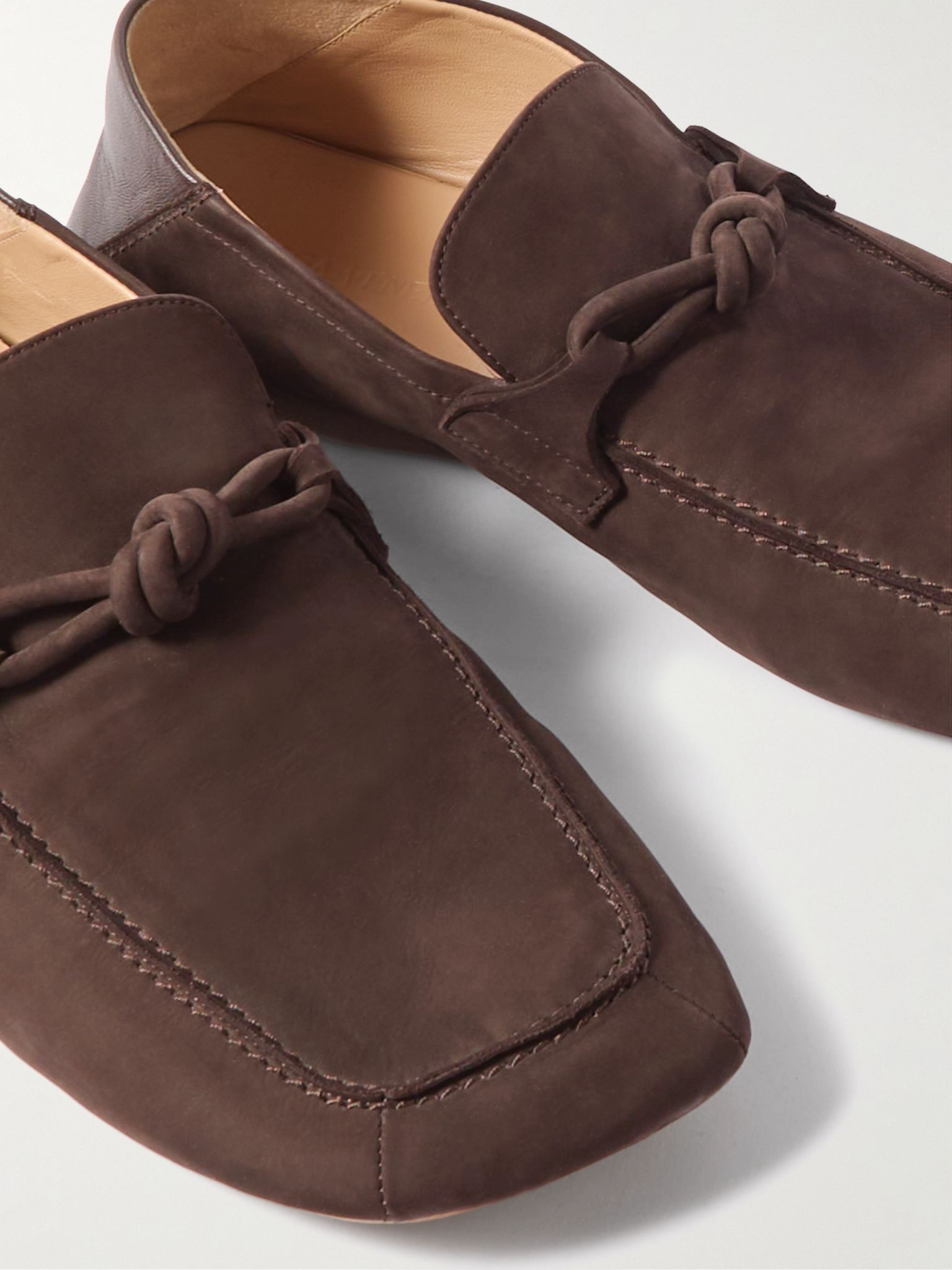 Knot-Detailed Leather-Trimmed Textured-Nubuck Loafers Dark brown - 5