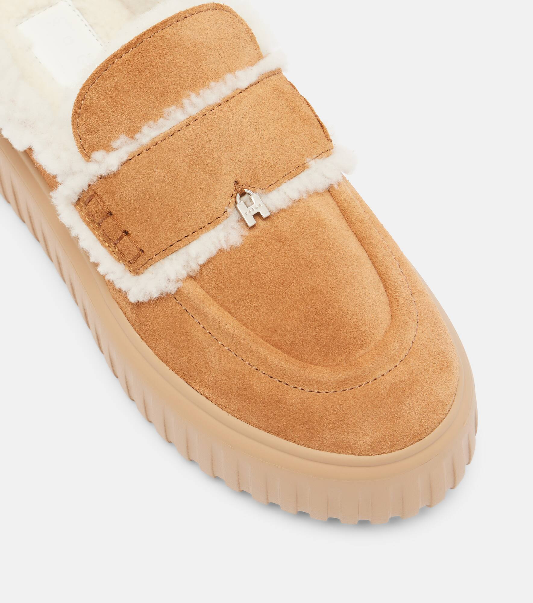 Shearling-trimmed suede slippers - 5