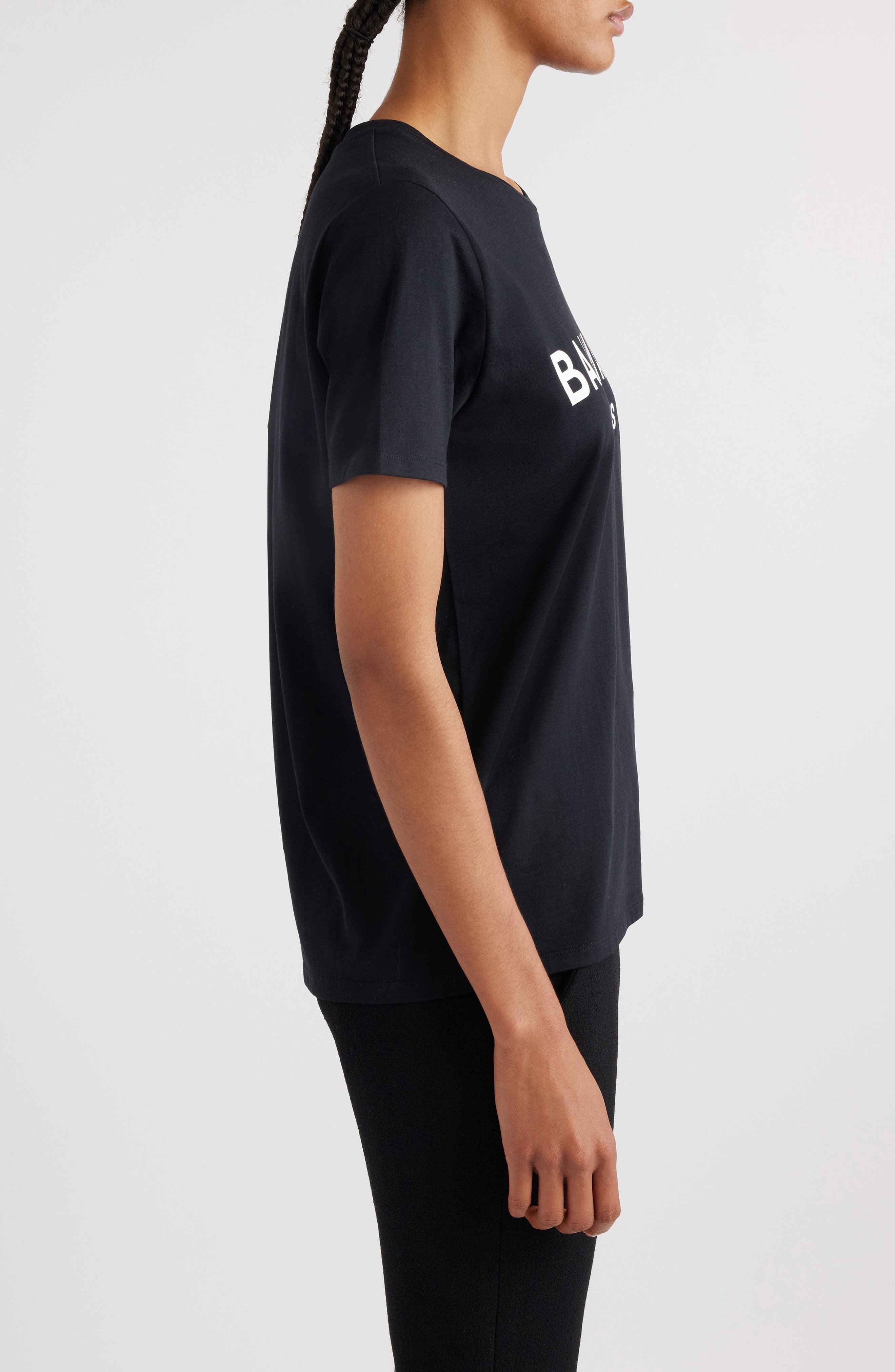 Balmain Button Shoulder Cotton Logo Graphic T-Shirt in Eab Black/White at Nordstrom - 4