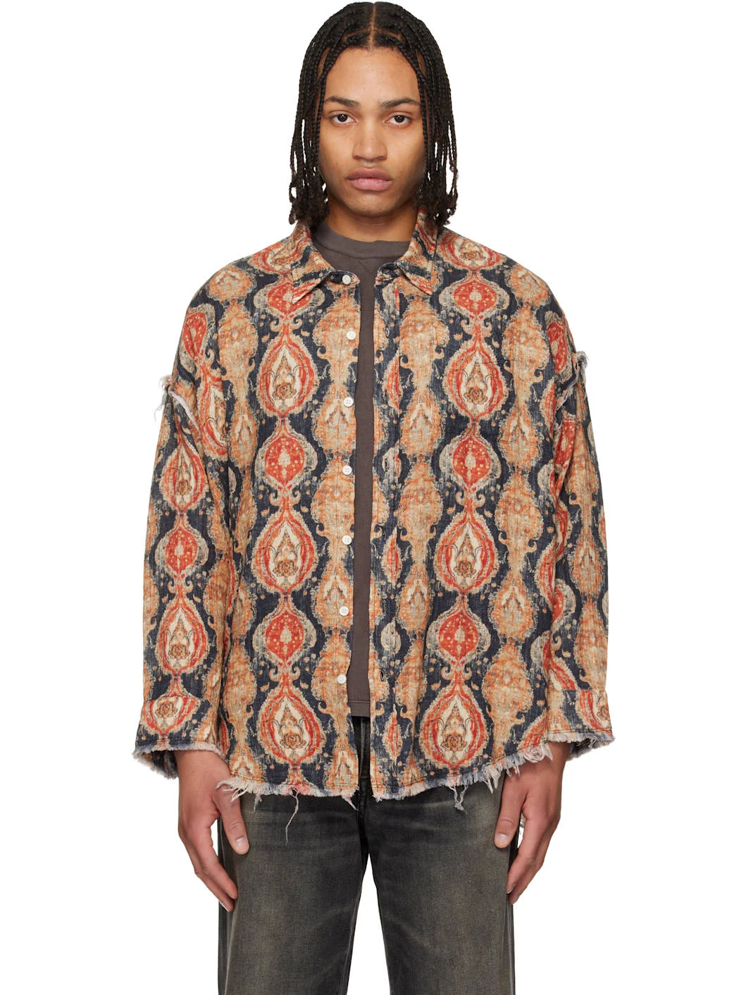 Orange & Navy Shredded Seam Drop Neck Shirt - 1