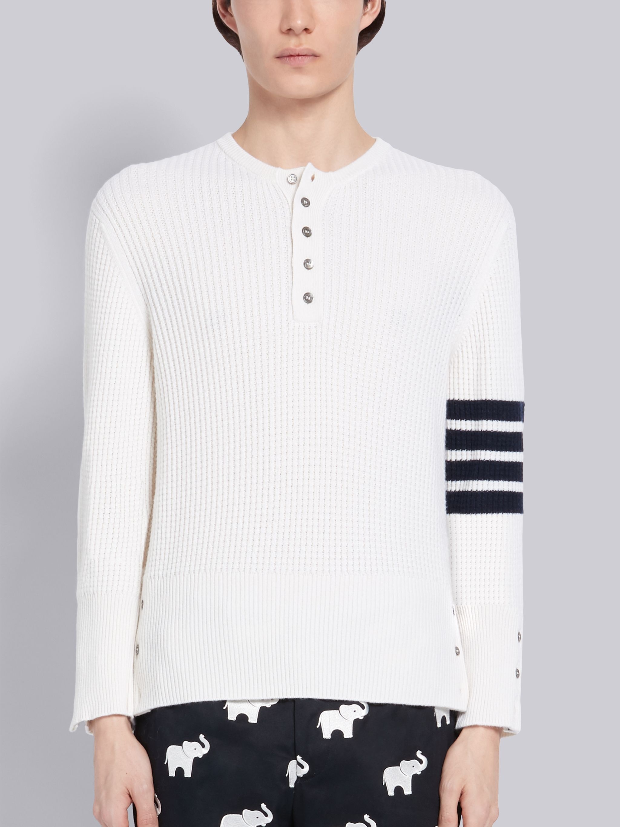 White Cashmere Waffle Stitch 4-Bar Stripe Henley - 1