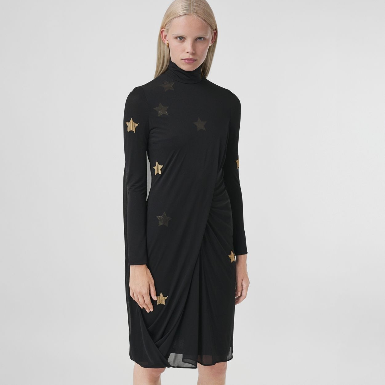 Long-sleeve Star Motif Gathered Silk Viscose Dress - 6