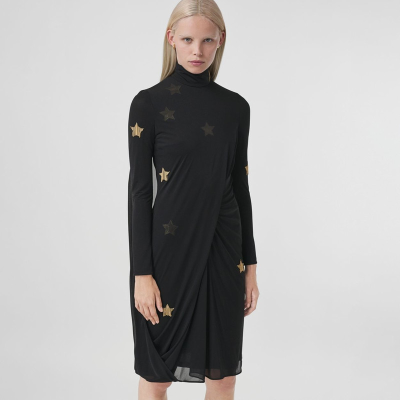Long-sleeve Star Motif Gathered Silk Viscose Dress 6