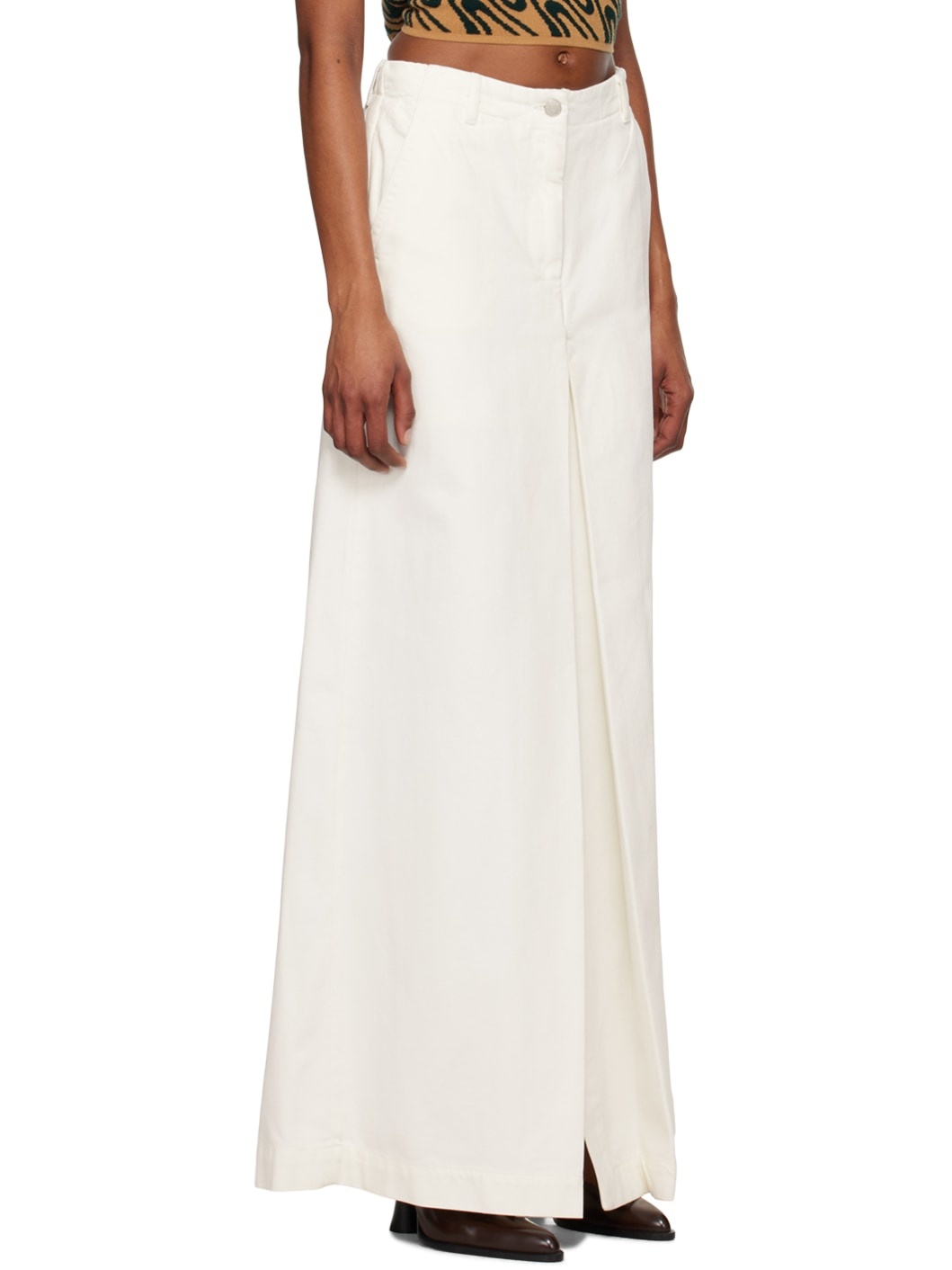 White Pleated Denim Maxi Skirt - 2
