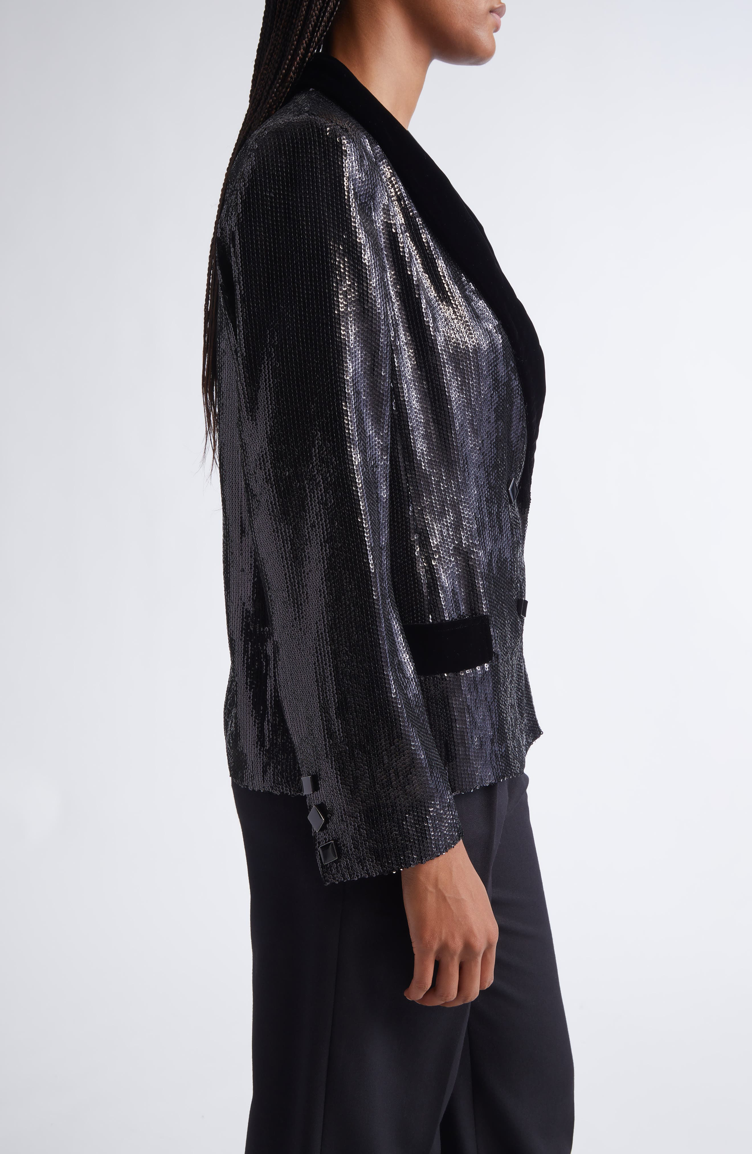 Emporio Armani Sequin Double Breasted Blazer in Solid Black at Nordstrom - 3