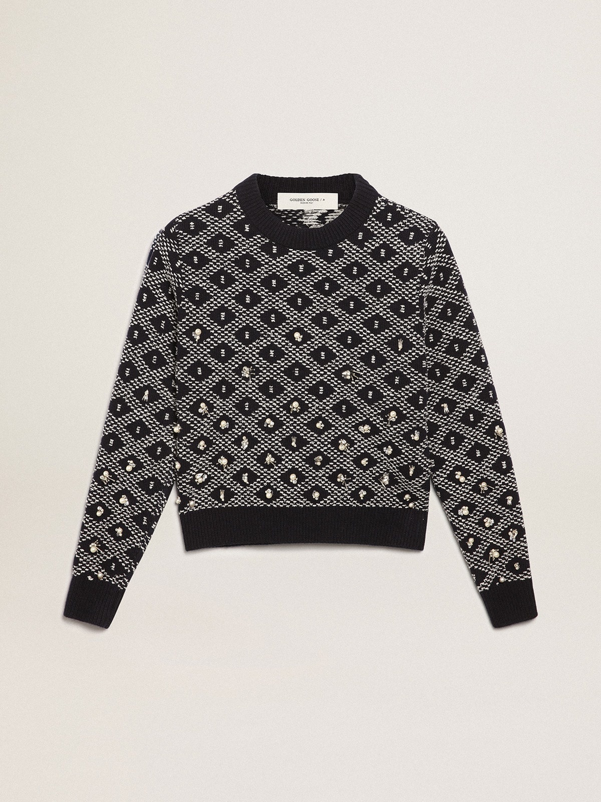 Women's round-neck sweater with white and blue geometric motifs - 1