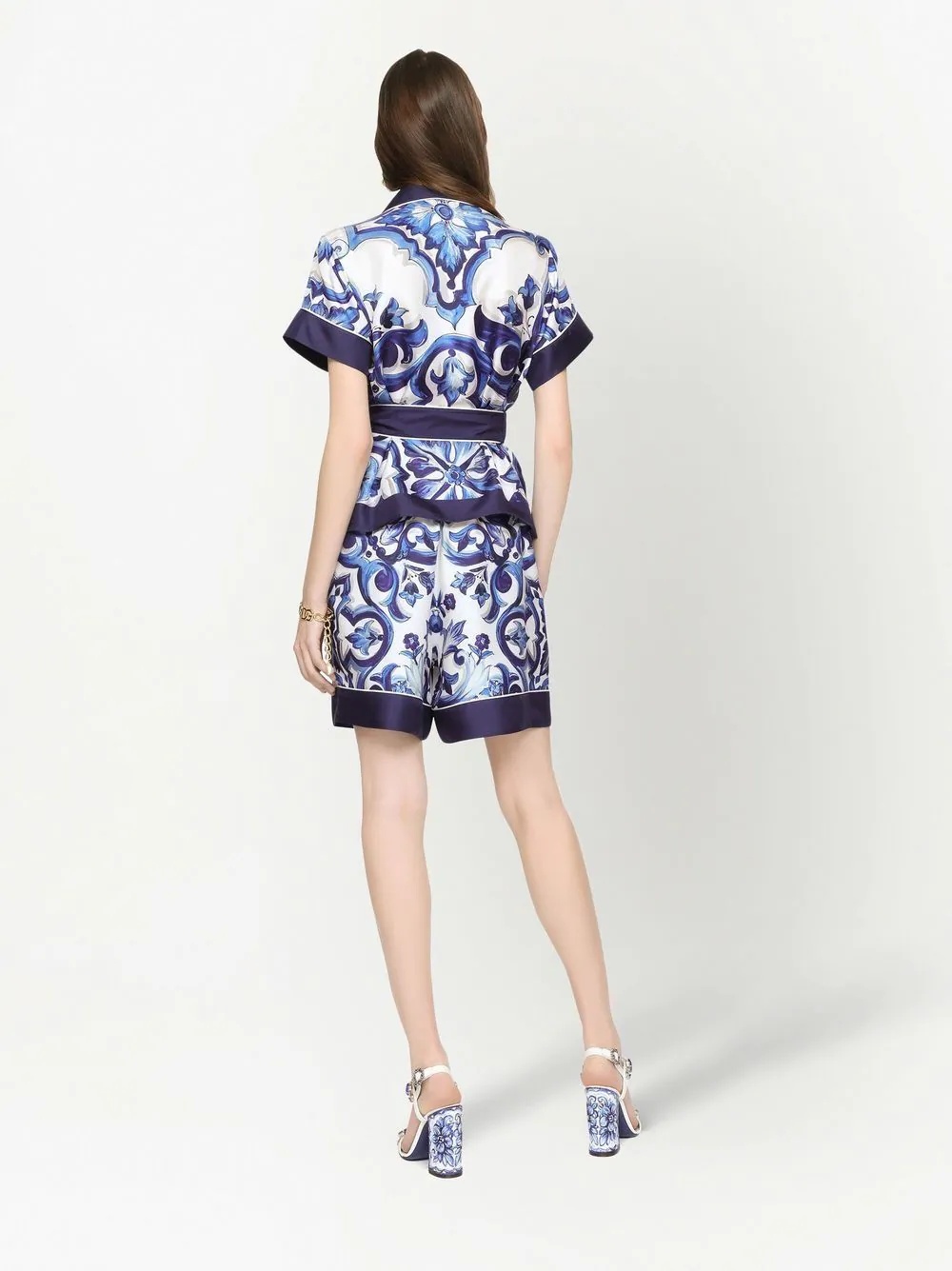 Majolica-print belted silk shirt - 4