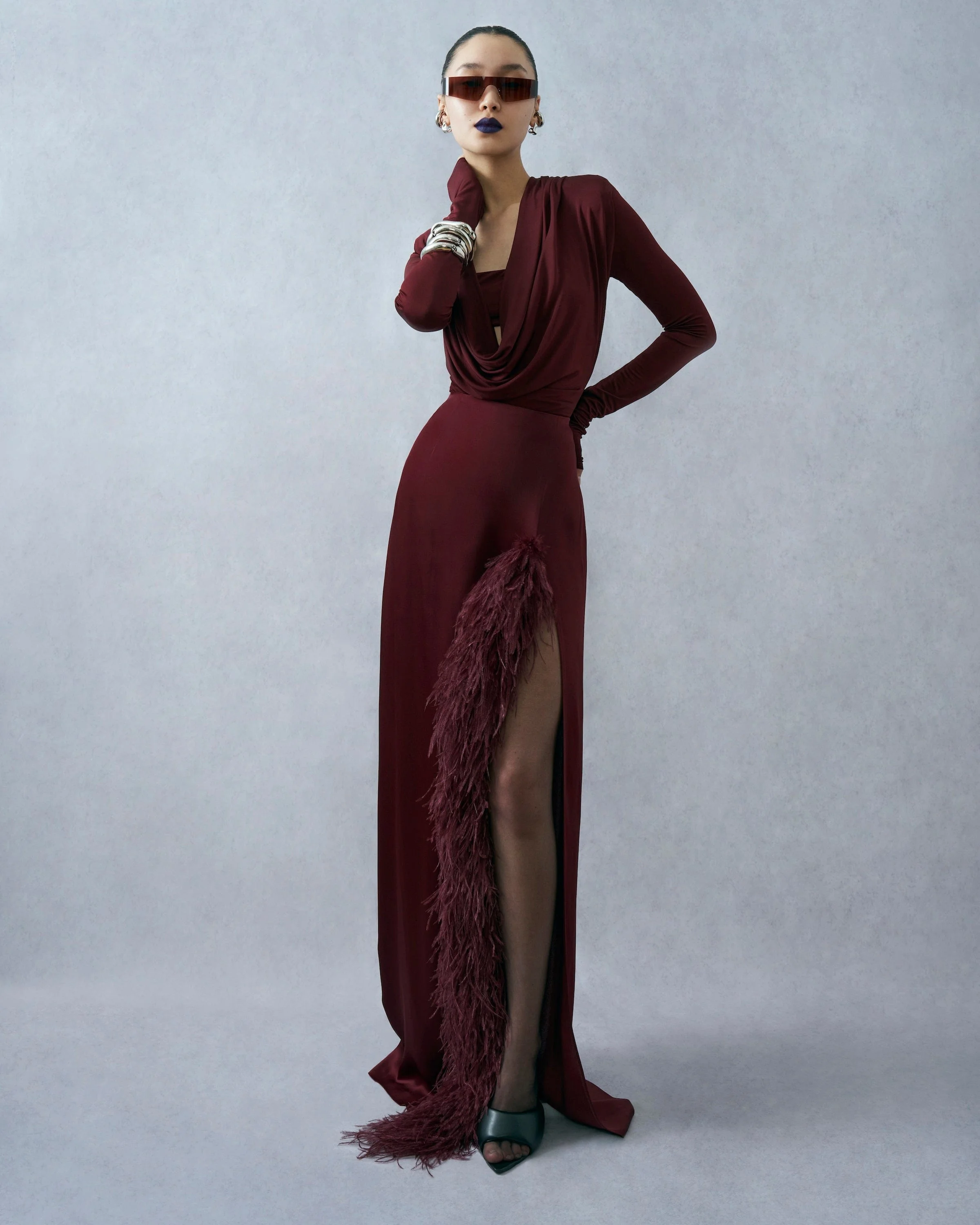 Satin High Waist Slit Maxi Skirt With Feathers - 1