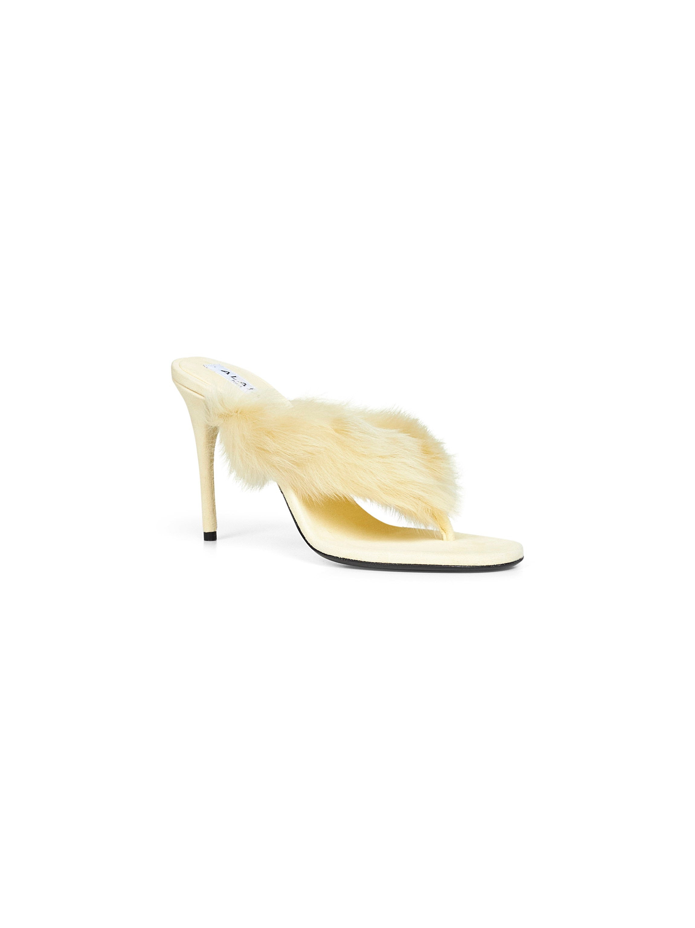 Yellow long-haired lambskin leather thong mules - 2