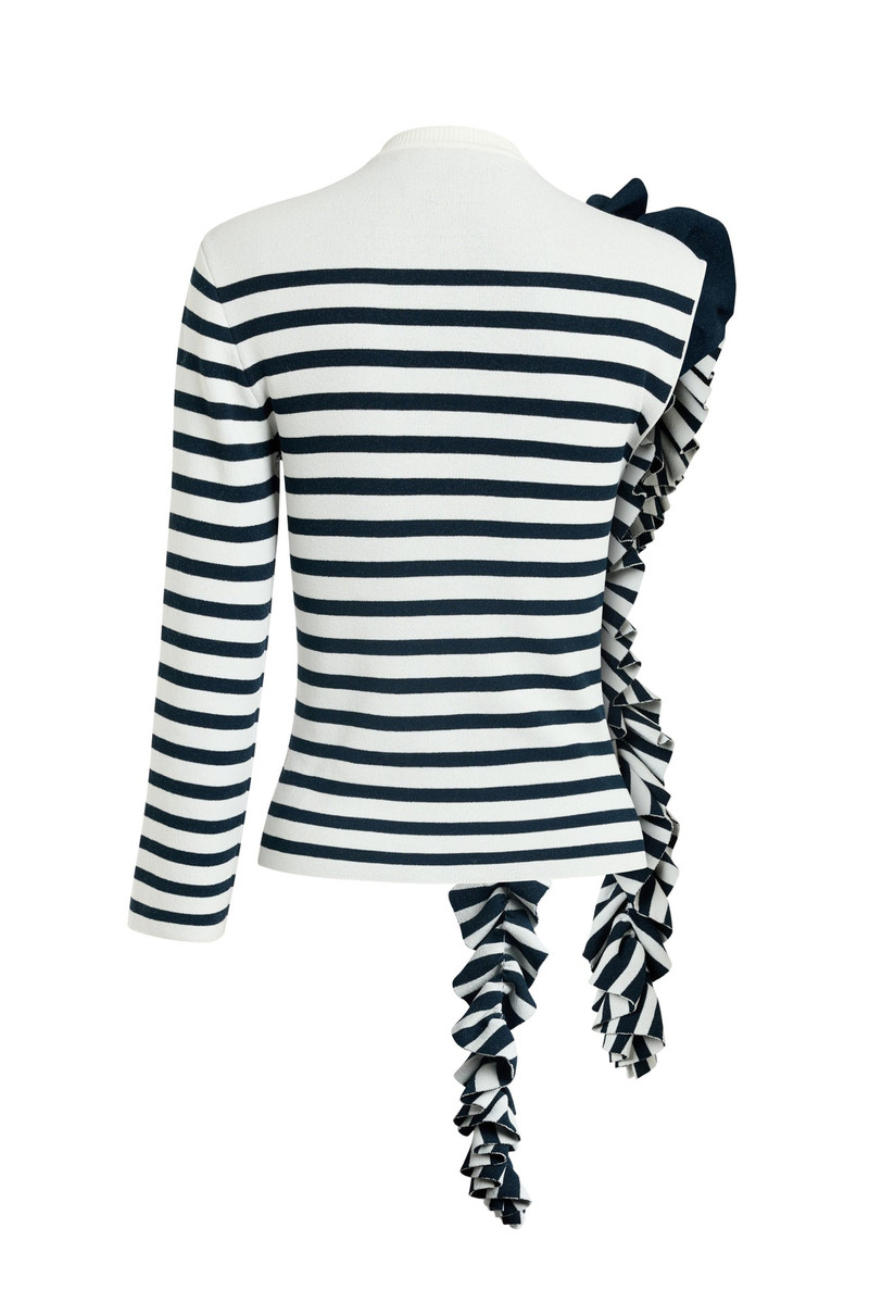 KNITTED FITTED TOP WITH RUFFLE WHITE NAVY STRIPED 7