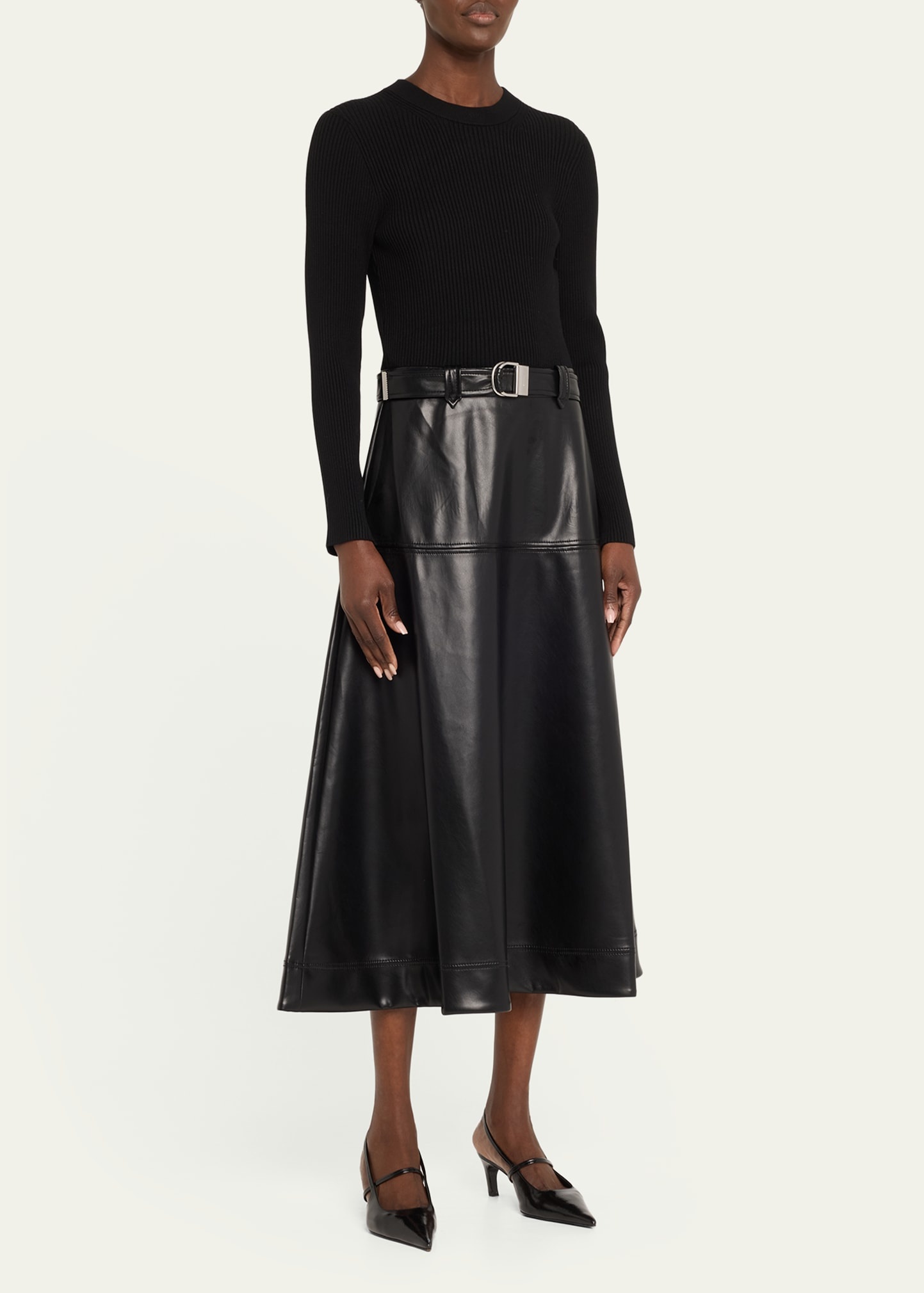 Ulyssia Belted Knit and Faux-Leather Combo Midi Dress - 4