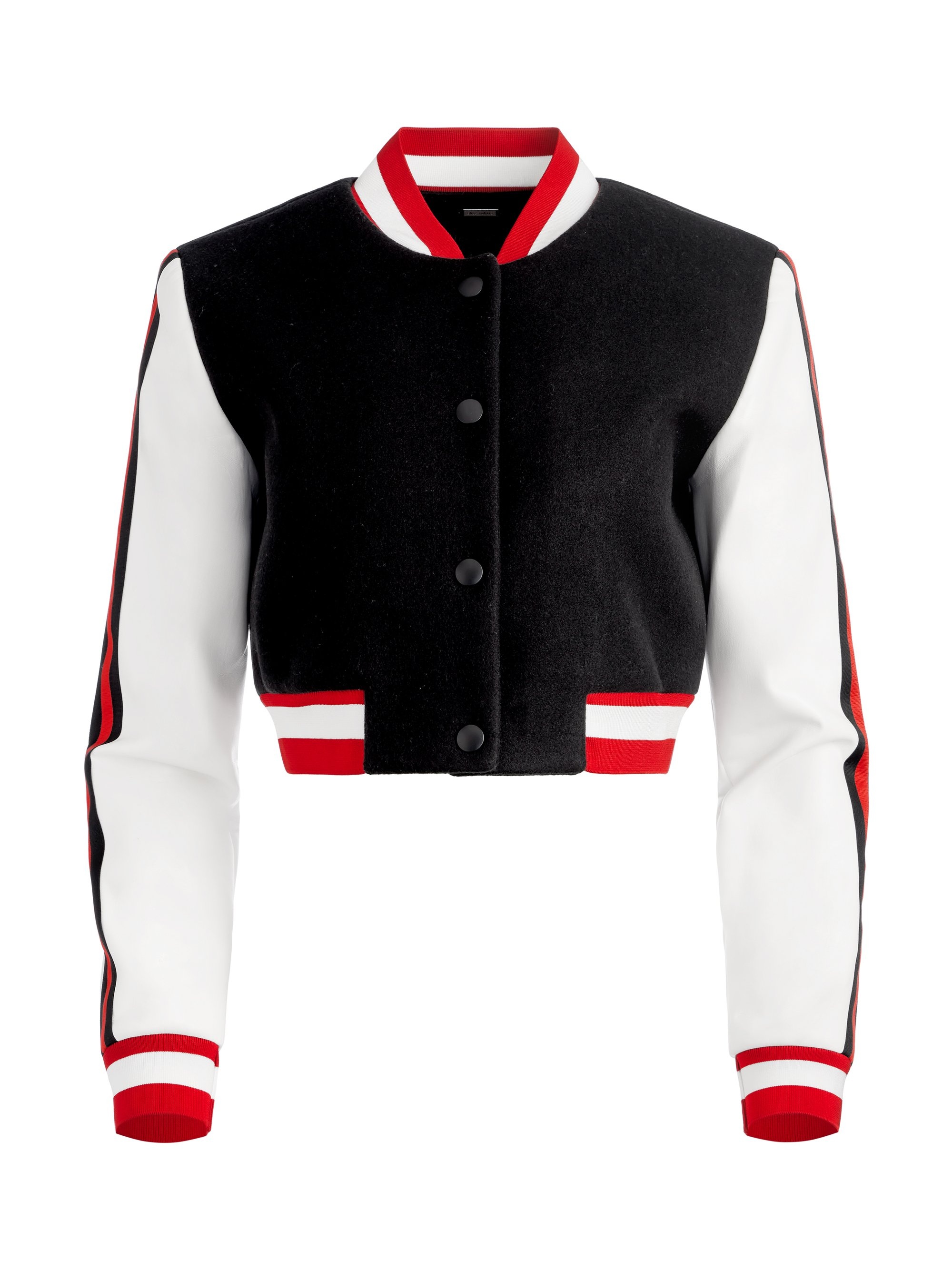 Alice + Olivia BARTON CROPPED VEGAN LEATHER VARSITY JACKET