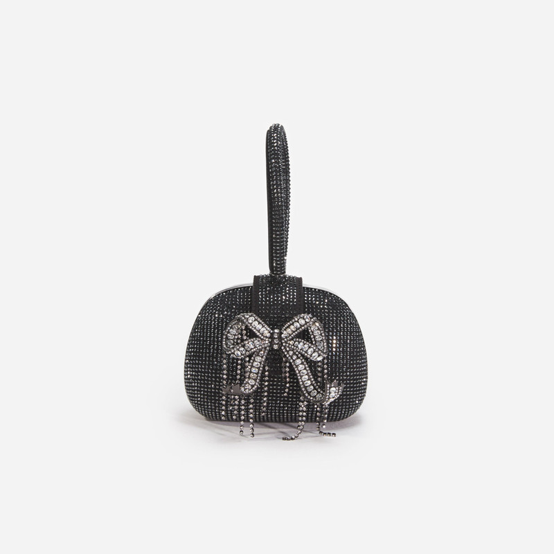 Black Rhinestone Top Handle Clutch Bag - 1