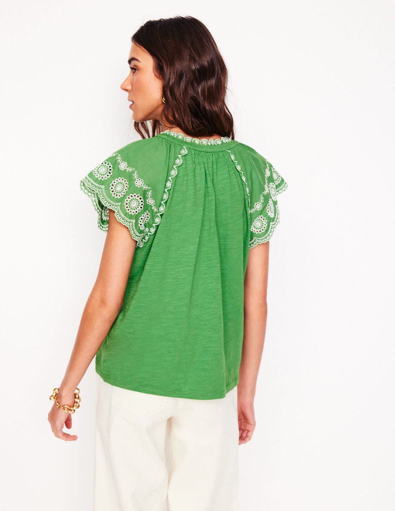Ila Broderie Sleeve Notch Top-Paradise Green 4
