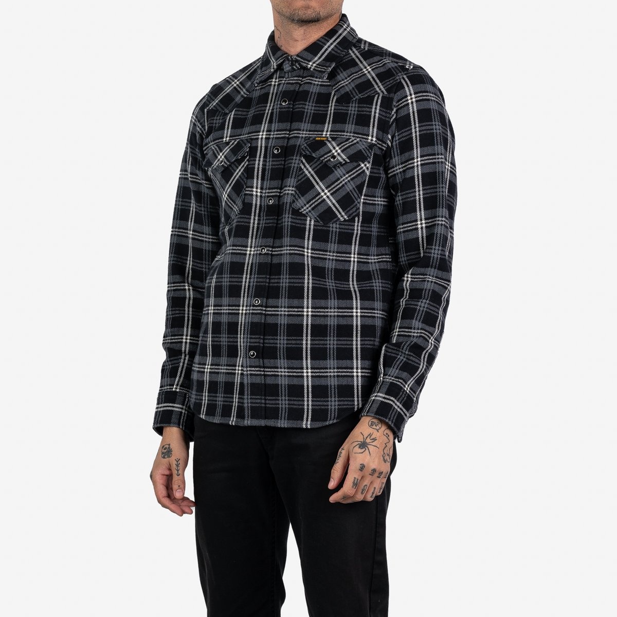 Ultra Heavy Flannel Herringbone Check Western Shirt - Black - 2