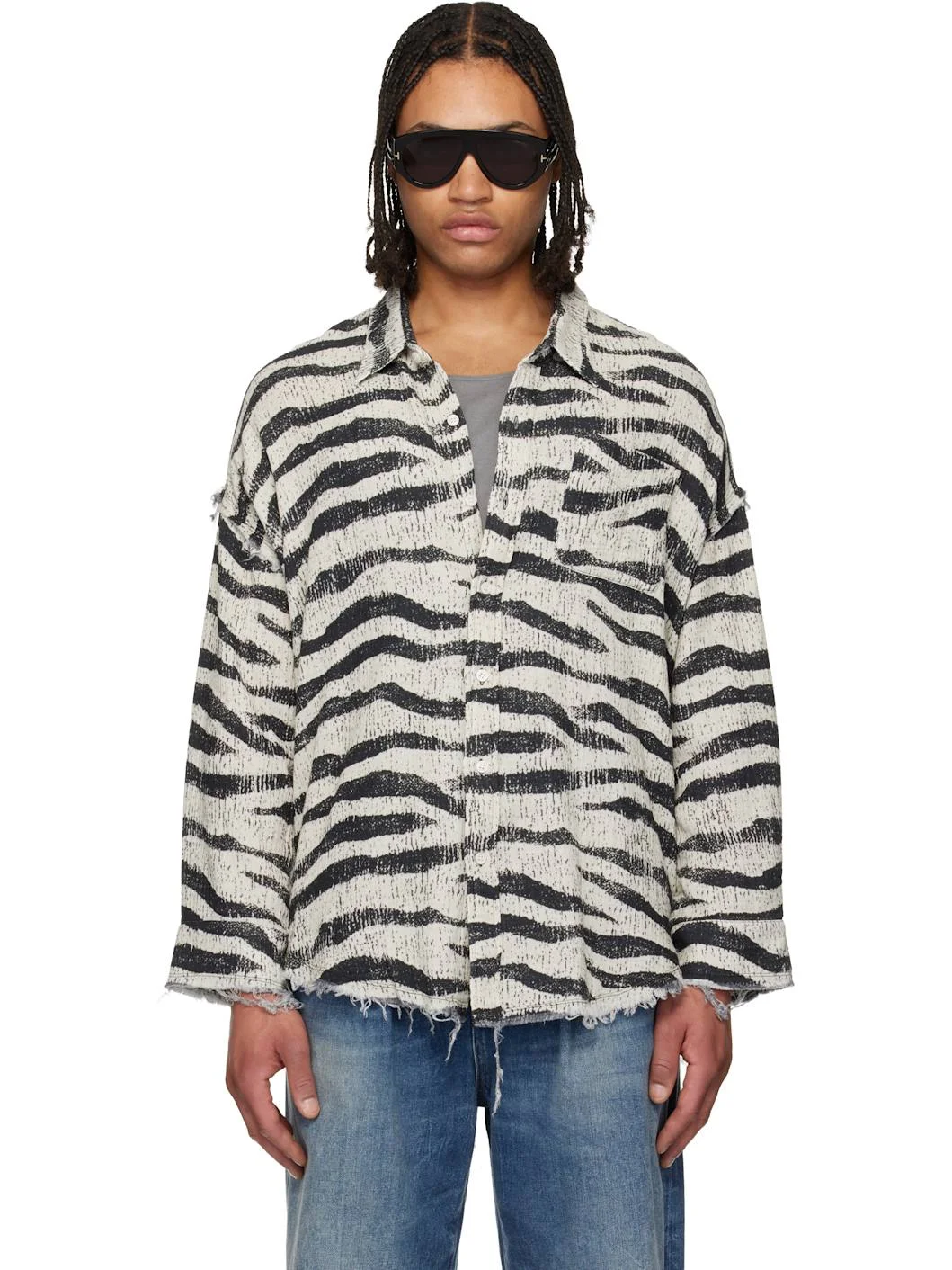 Black & White Shredded Seam Drop Neck Shirt - 1