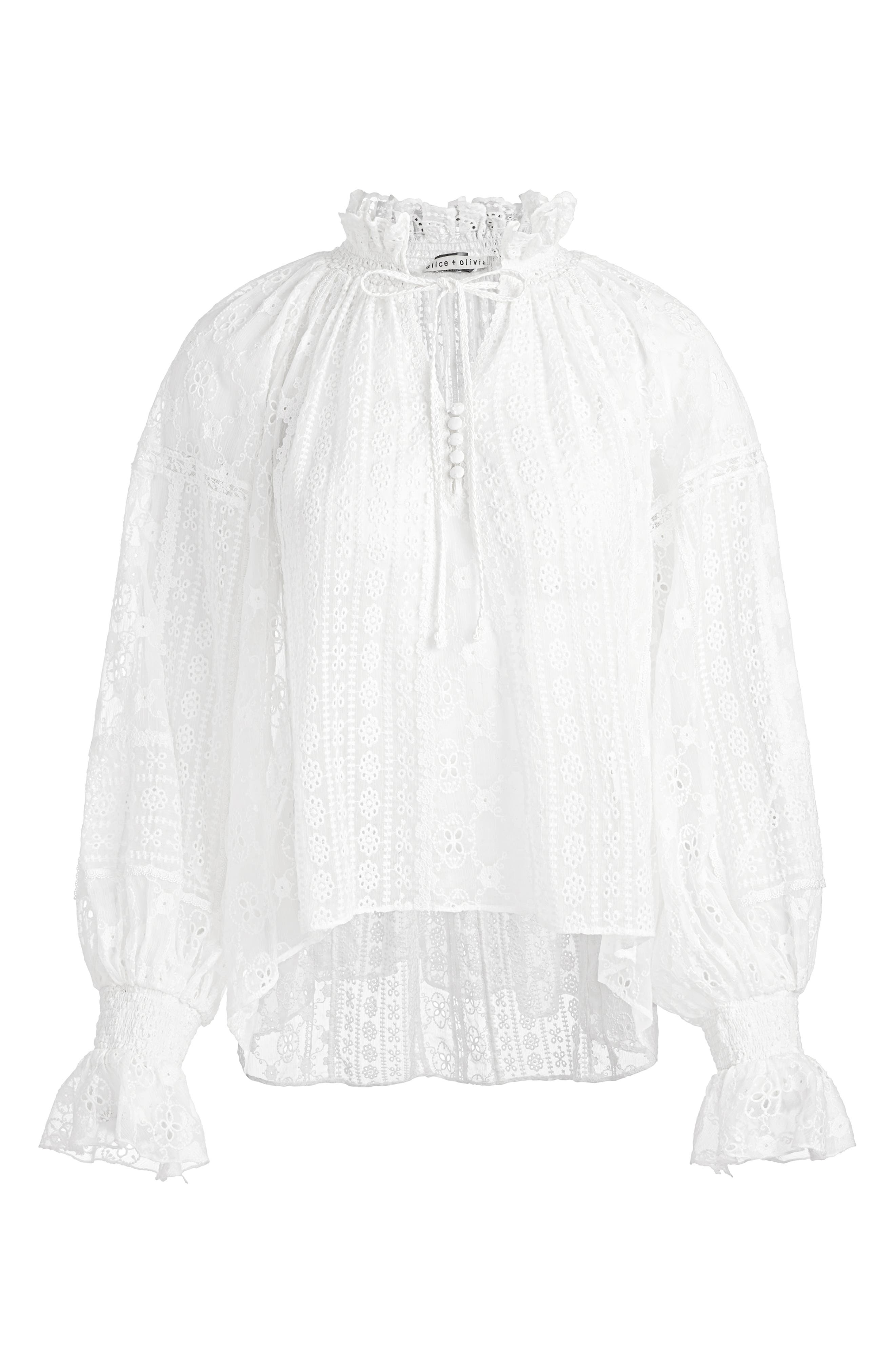 Alice + Olivia Norah Eyelet Embroidered Peasant Top in Off White at Nordstrom - 4