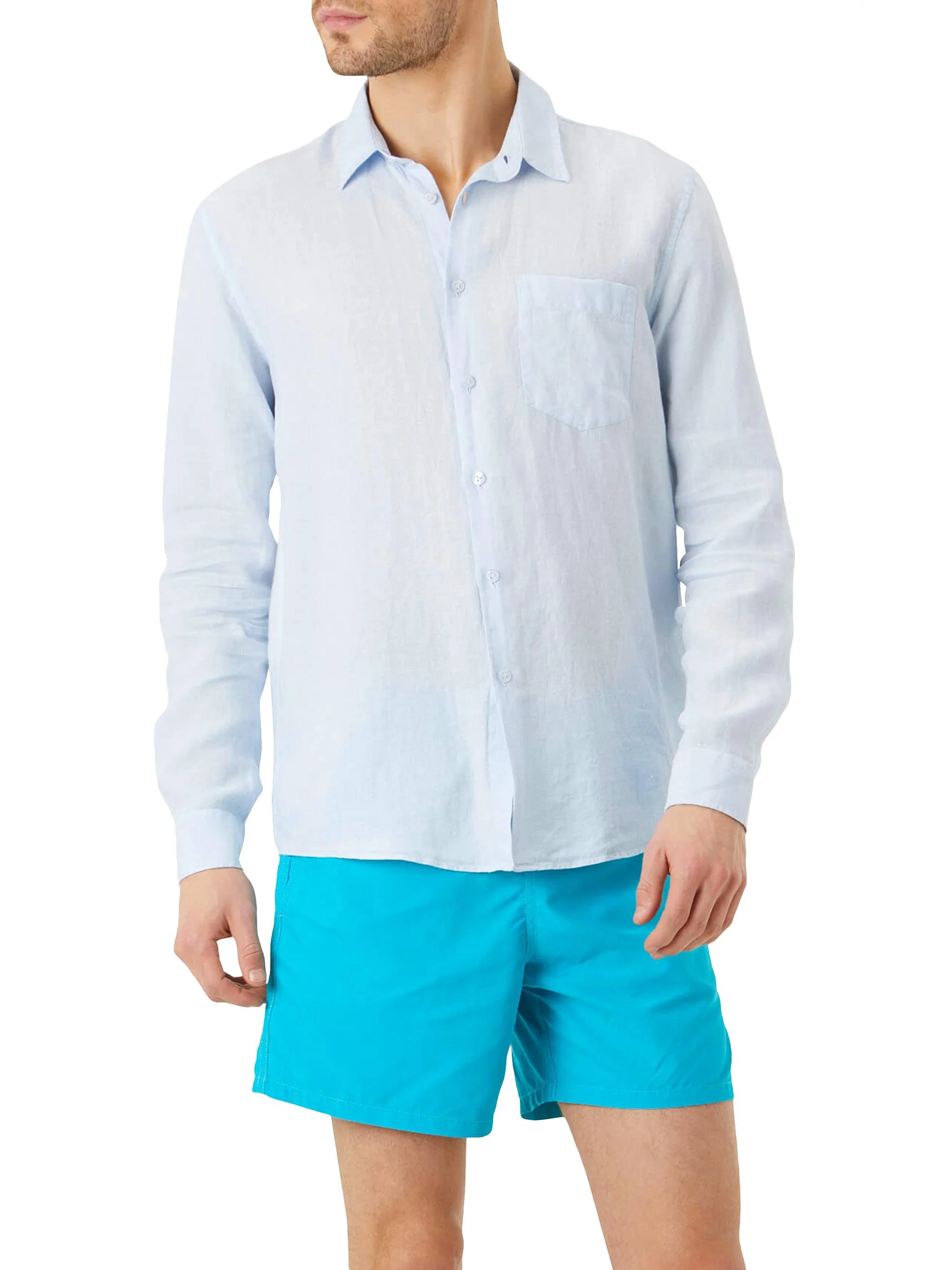 Men's Long-Sleeve Linen Shirt - Bleu Ciel - 1