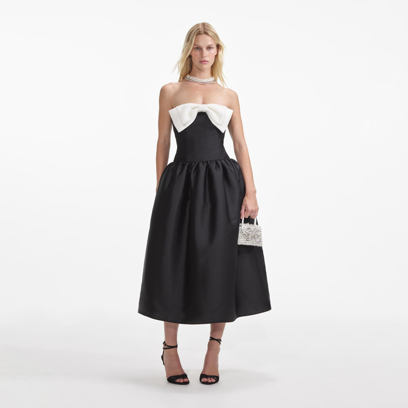 Black Taffeta Contrast Bow Midi Dress - 1