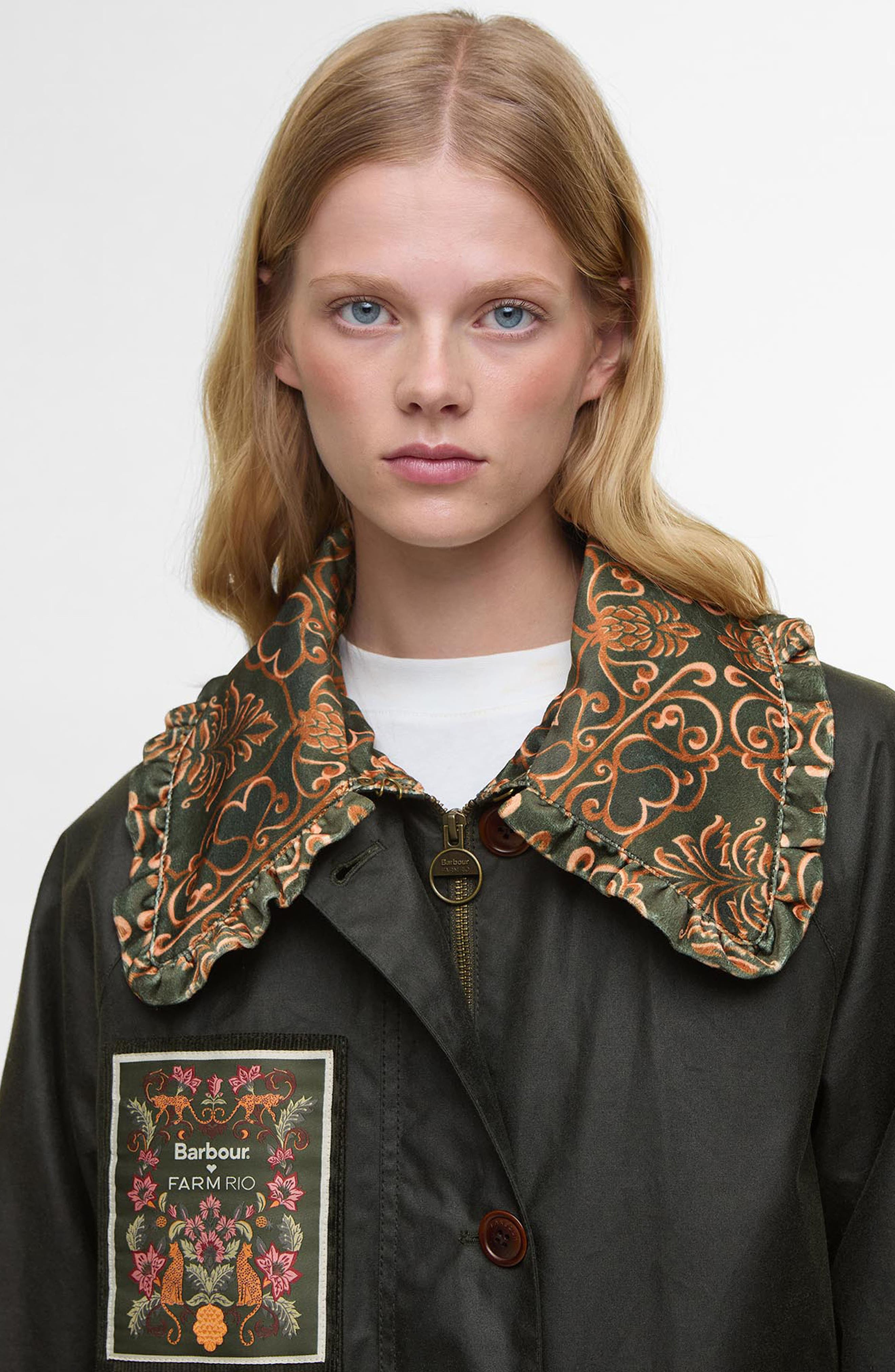 Barbour x FARM Rio Maria-Clara Waxed Jacket in Fern/Green Heart Print at Nordstrom - 9